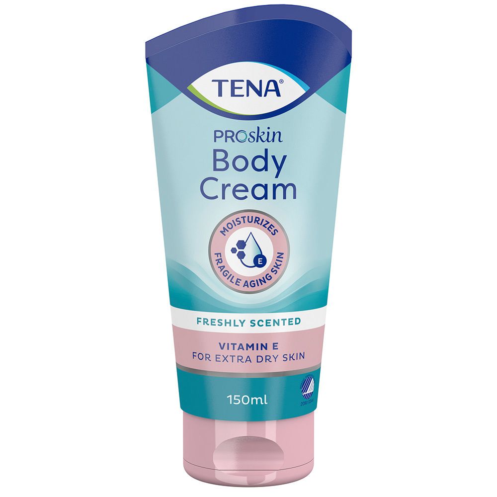 TENA ProSkin Body Cream Tube. Hellblau-weiß-rosa Farbverlauf. Text: "Moisturizes Fragile Aging Skin", "Freshly Scented", "Vitamin E".