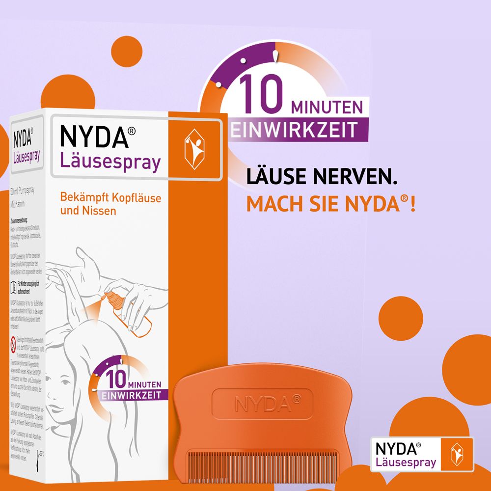 NYDA® Läusespray Doppelpackung mit Kamm, wirksam in 10 Minuten gegen Läuse und Nissen.
