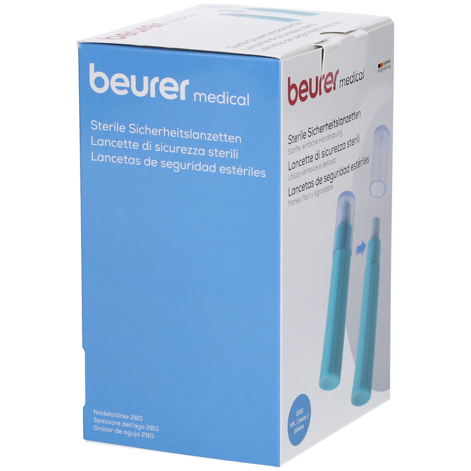 Verpackung Beurer Sicherheitslanzetten 28 G. Hellblaue Einweglanzetten, 200 Stück.