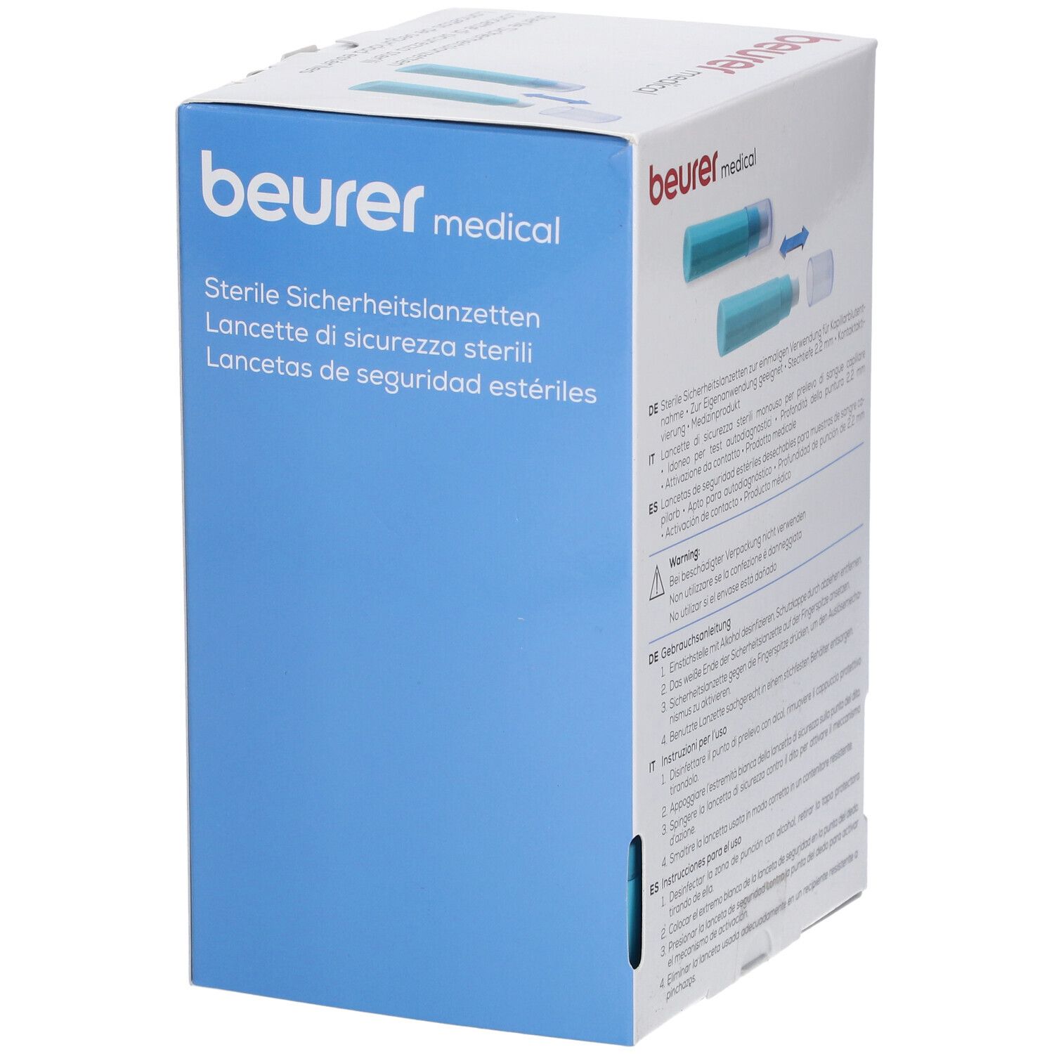 Seitenansicht der Beurer Sicherheitslanzetten Verpackung. 200 sterile Lanzetten.