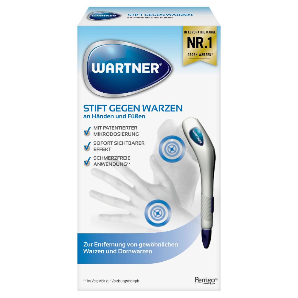 Produktverpackung von WARTNER® Stift gegen Warzen. Weiß-blaue Schachtel mit Produktabbildung und Text.