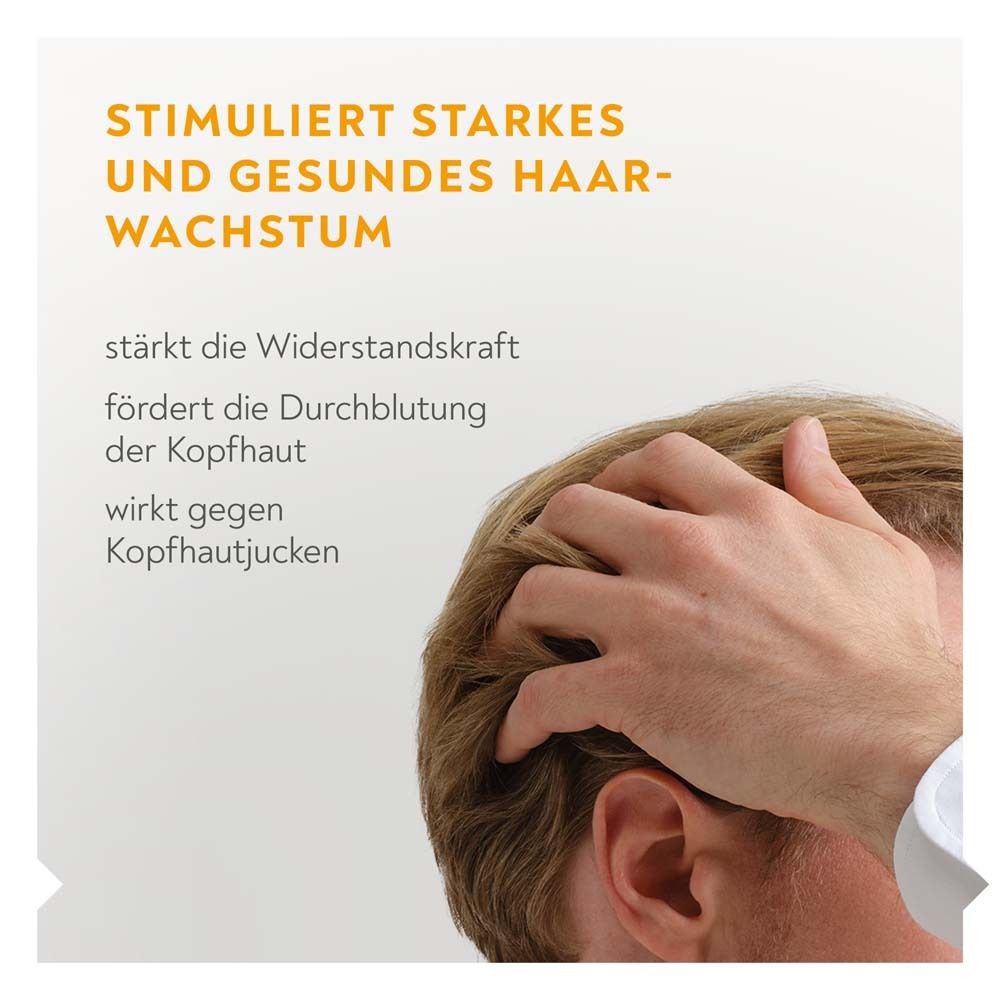 Text: Stimuliert starkes und gesundes Haarwachstum. Fördert die Durchblutung der Kopfhaut. Wirkt gegen Kopfhautjucken.