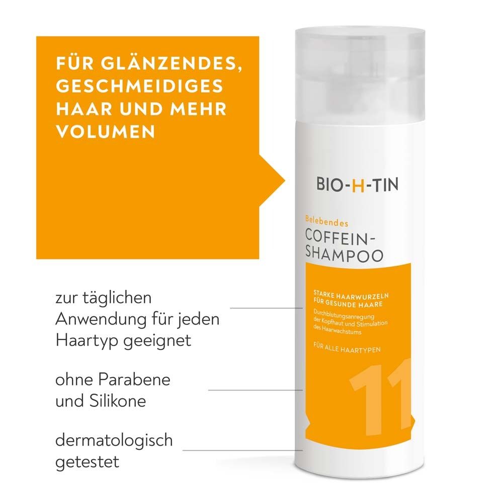 BIO-H-TIN Coffein-Shampoo. Flasche. Text: Für glänzendes, geschmeidiges Haar und mehr Volumen. Ohne Parabene und Silikone.
