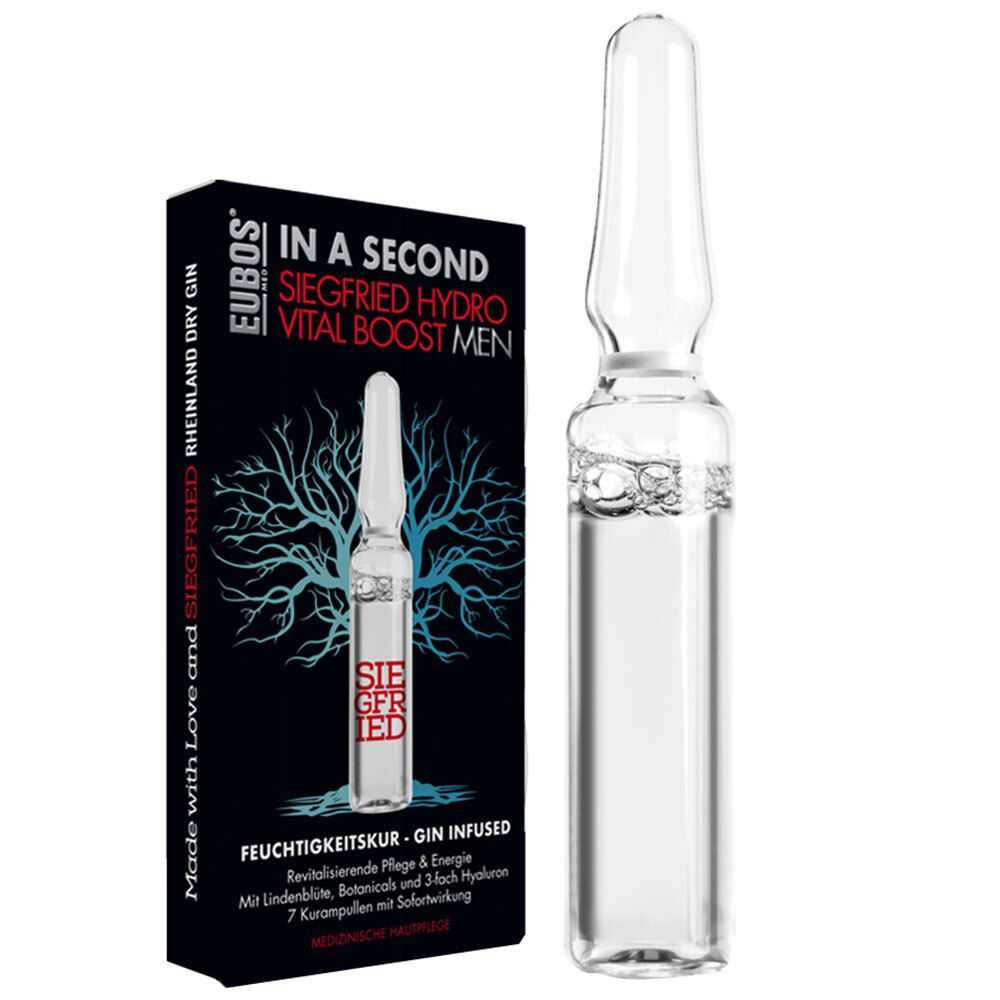 Ampulle und Verpackung von EUBOS IN A SECOND Siegfried Hydro Vital Boost Men. Schwarze Verpackung mit Produktabbildung und Text.