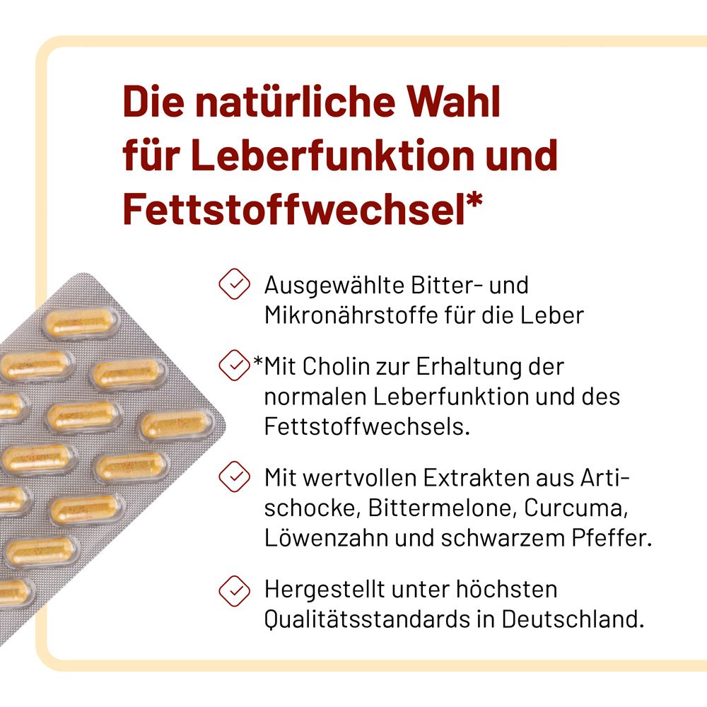 Blisterpackung mit gelben Kapseln. Text: Natürliche Wahl für Leberfunktion und Fettstoffwechsel. Inhaltsstoffe.