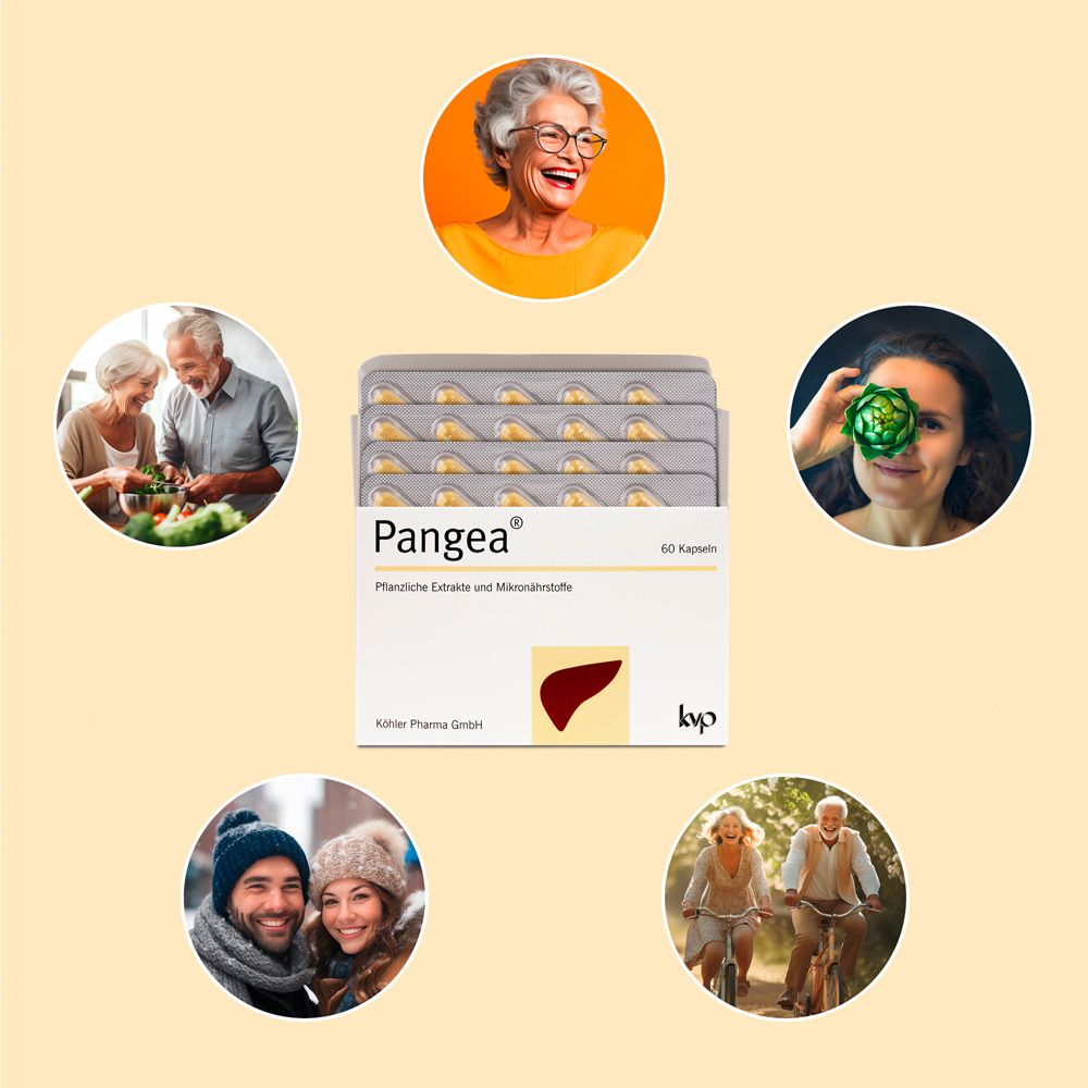 Produktabbildung mit Menschen. Pangea Kapseln und Blisterpackung. Menschen in verschiedenen Altersgruppen und Aktivitäten.