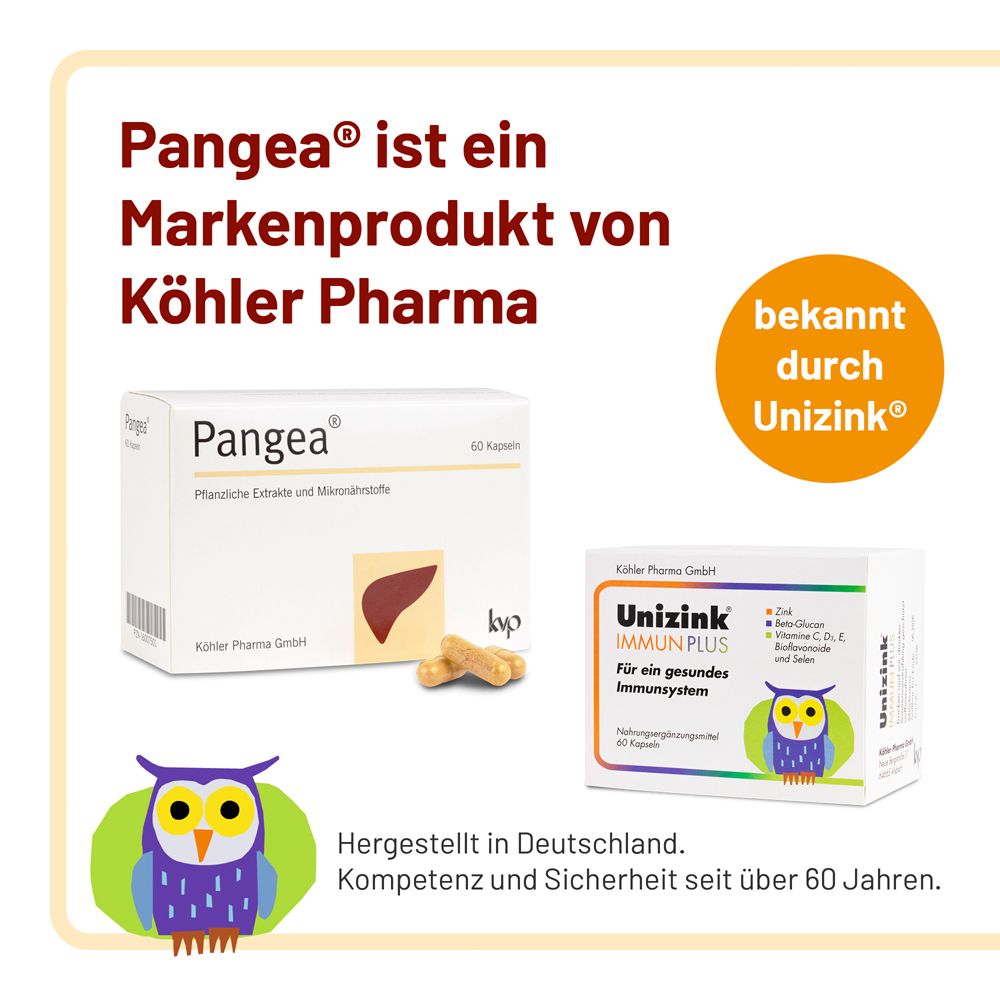 Pangea Kapseln und Unizink Immun Plus. Text: Markenprodukt von Köhler Pharma. Hergestellt in Deutschland. Über 60 Jahre Erfahrung.