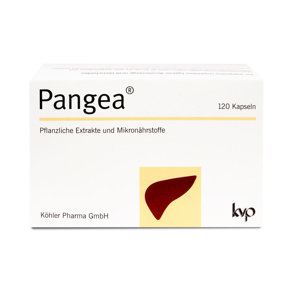 Weiße Schachtel mit Pangea®-Logo und 120 Kapseln. Enthält pflanzliche Extrakte und Mikronährstoffe. Rotes Leber-Symbol.