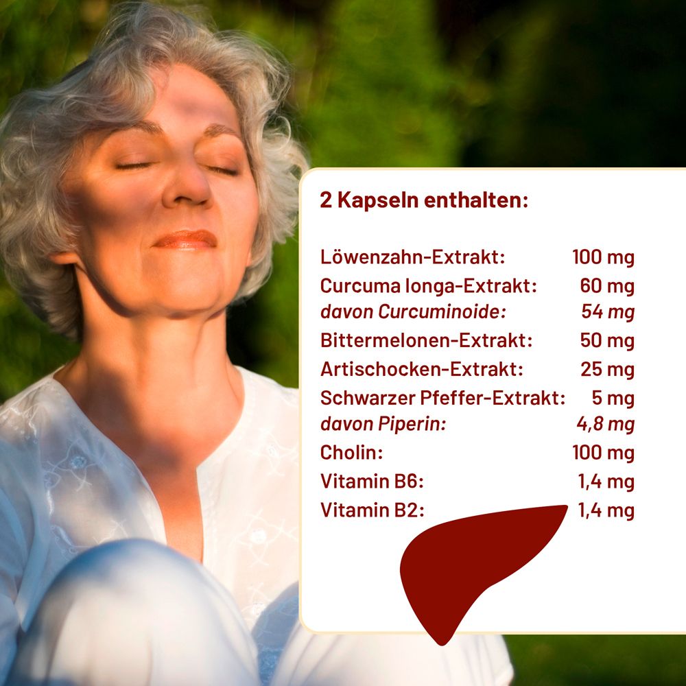 Frau mit geschlossenen Augen. Text: 2 Kapseln enthalten: Löwenzahn-, Curcuma-, Bittermelonen-, Artischocken-Extrakt, Cholin, Vitamine.