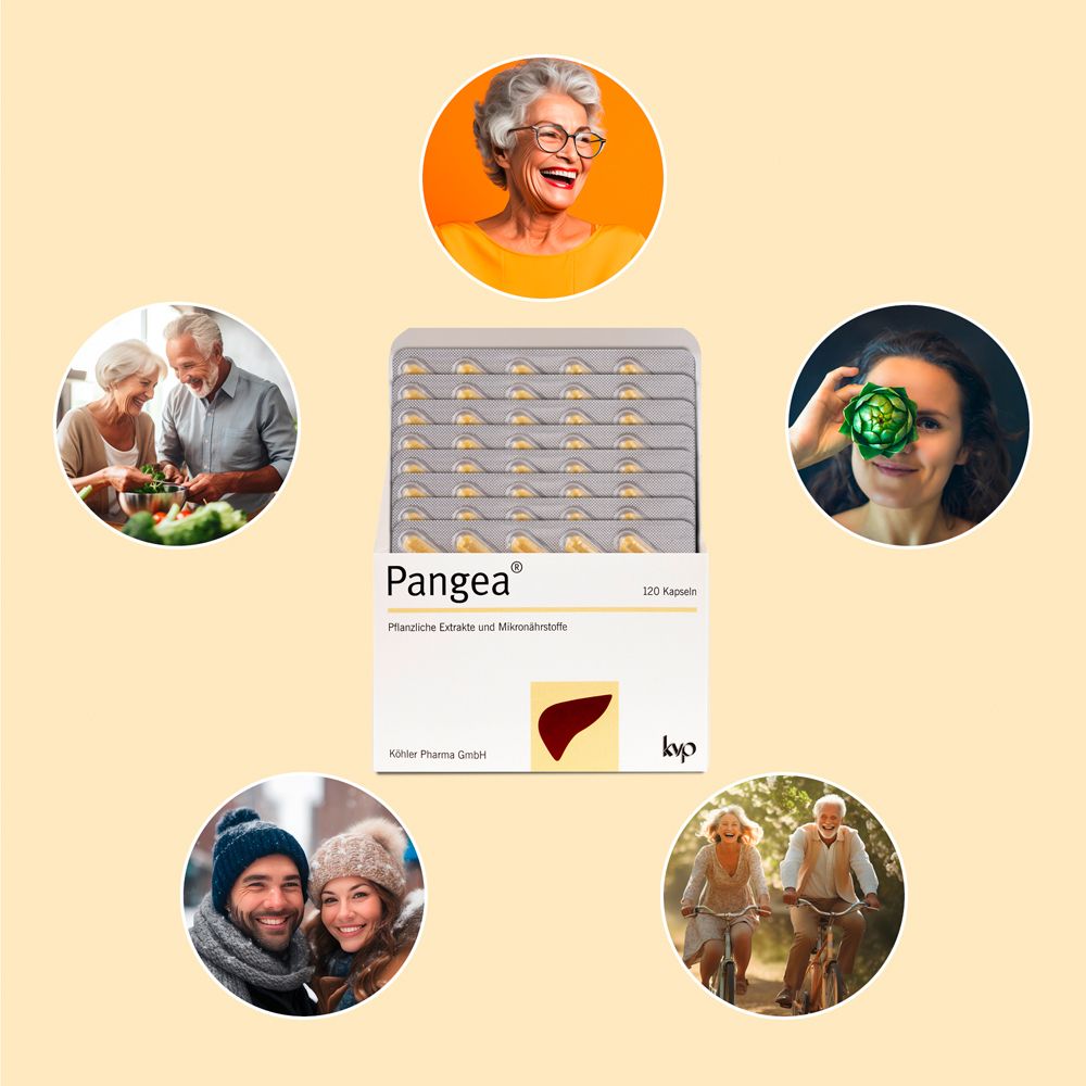 Verschiedene Menschen mit Pangea®-Packung. Menschen essen, lächeln, radfahren. Pangea®-Packung mit 120 Kapseln.
