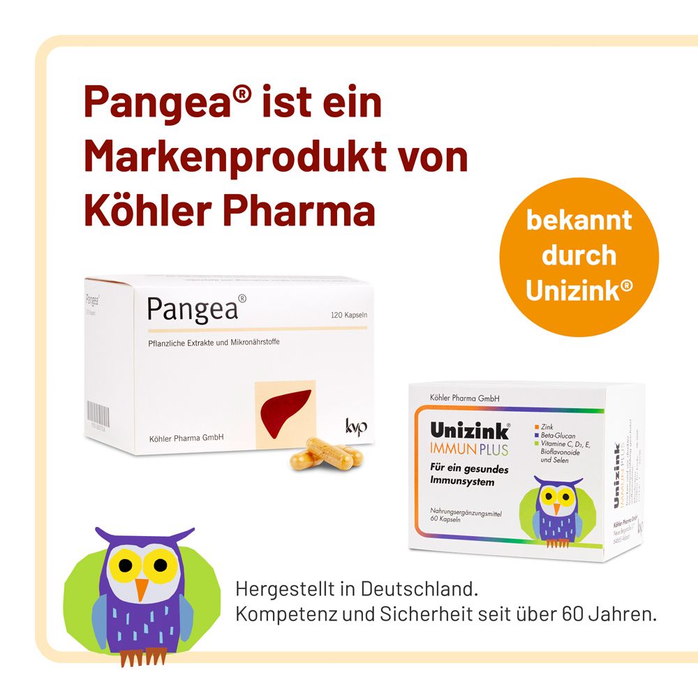 Pangea® ist ein Markenprodukt von Köhler Pharma. Neben Pangea®-Packung, Unizink® Immun Plus.