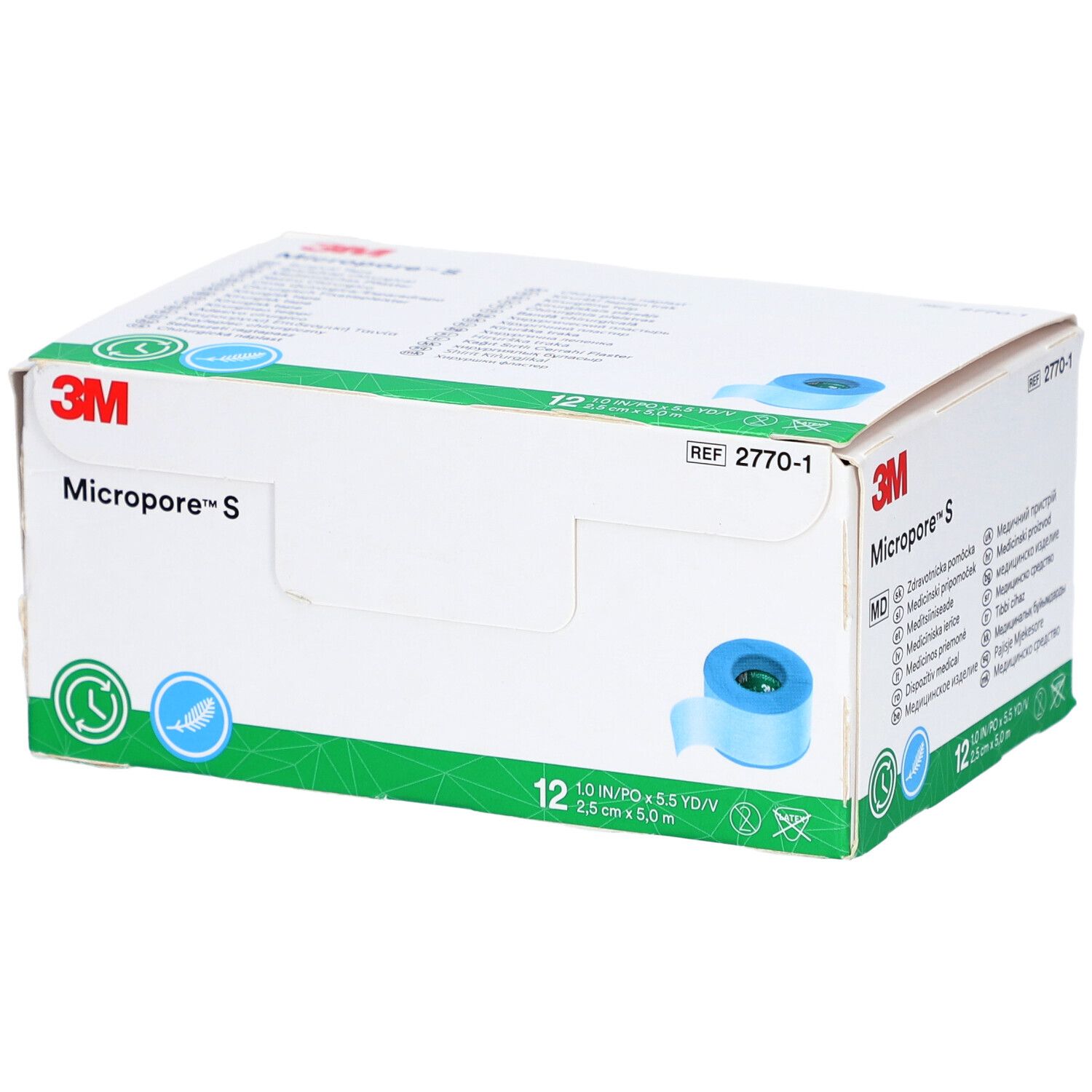 Verpackung mit 12 Rollen 3M Micropore S Silikonpflaster. Auf der Verpackung sind Produktinformationen und das 3M-Logo zu sehen.