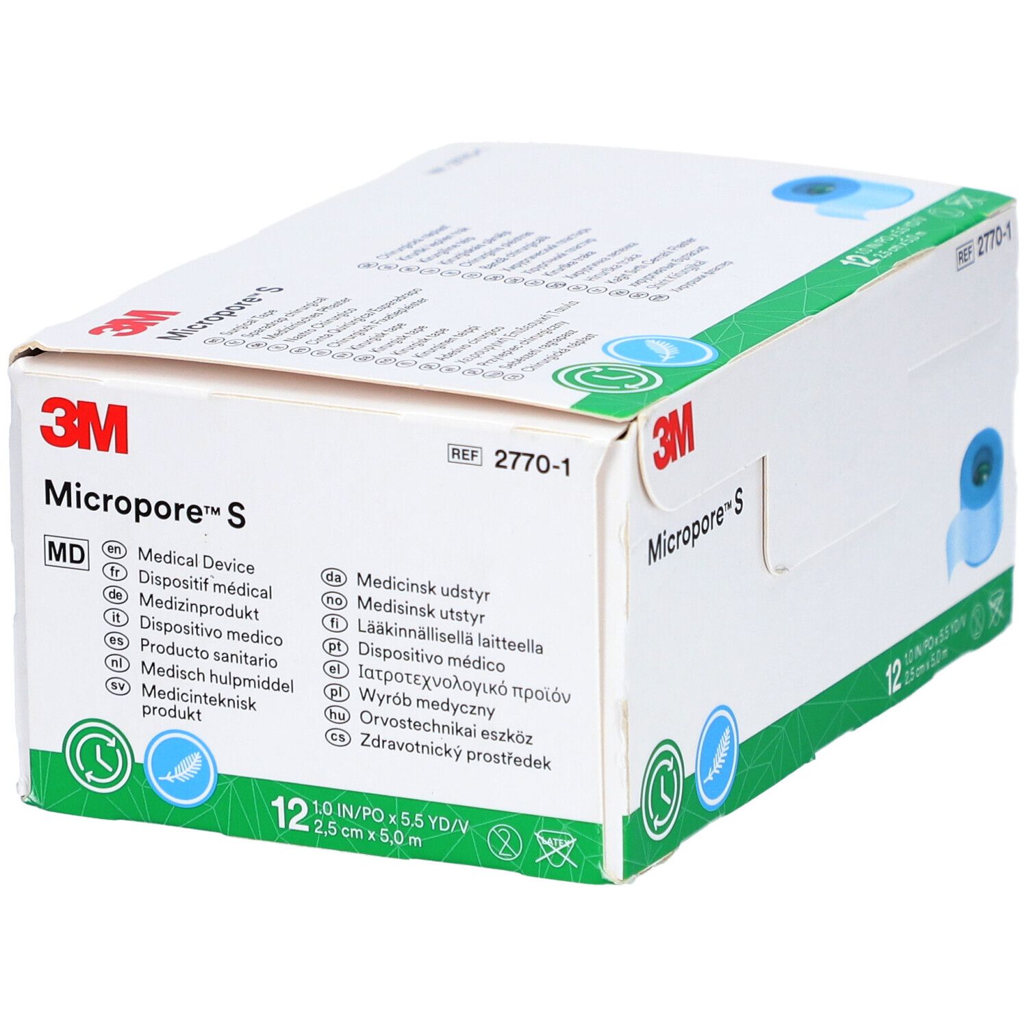 Verpackung mit 12 Rollen 3M Micropore S Silikonpflaster. Auf der Verpackung sind Produktinformationen und das 3M-Logo zu sehen.