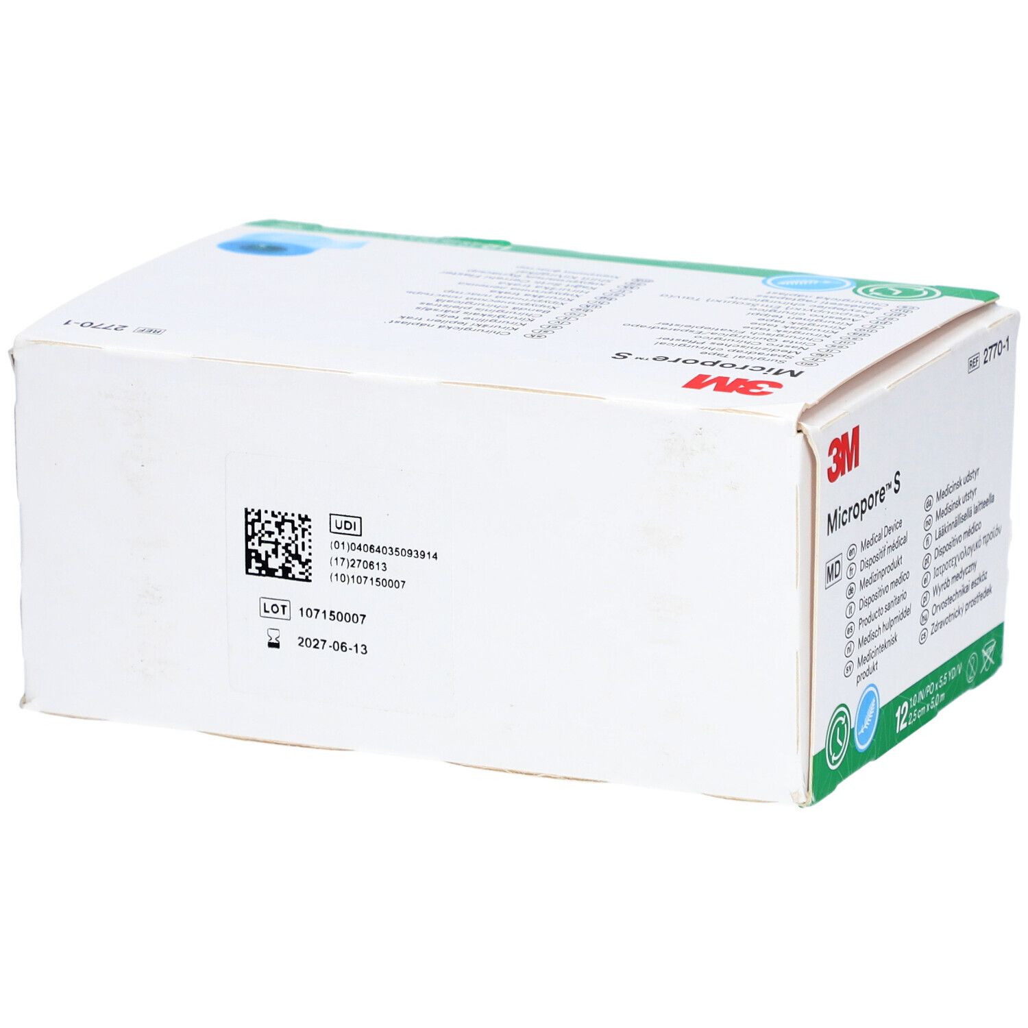 Verpackung mit 12 Rollen 3M Micropore S Silikonpflaster. Auf der Verpackung sind Produktinformationen und das 3M-Logo zu sehen.