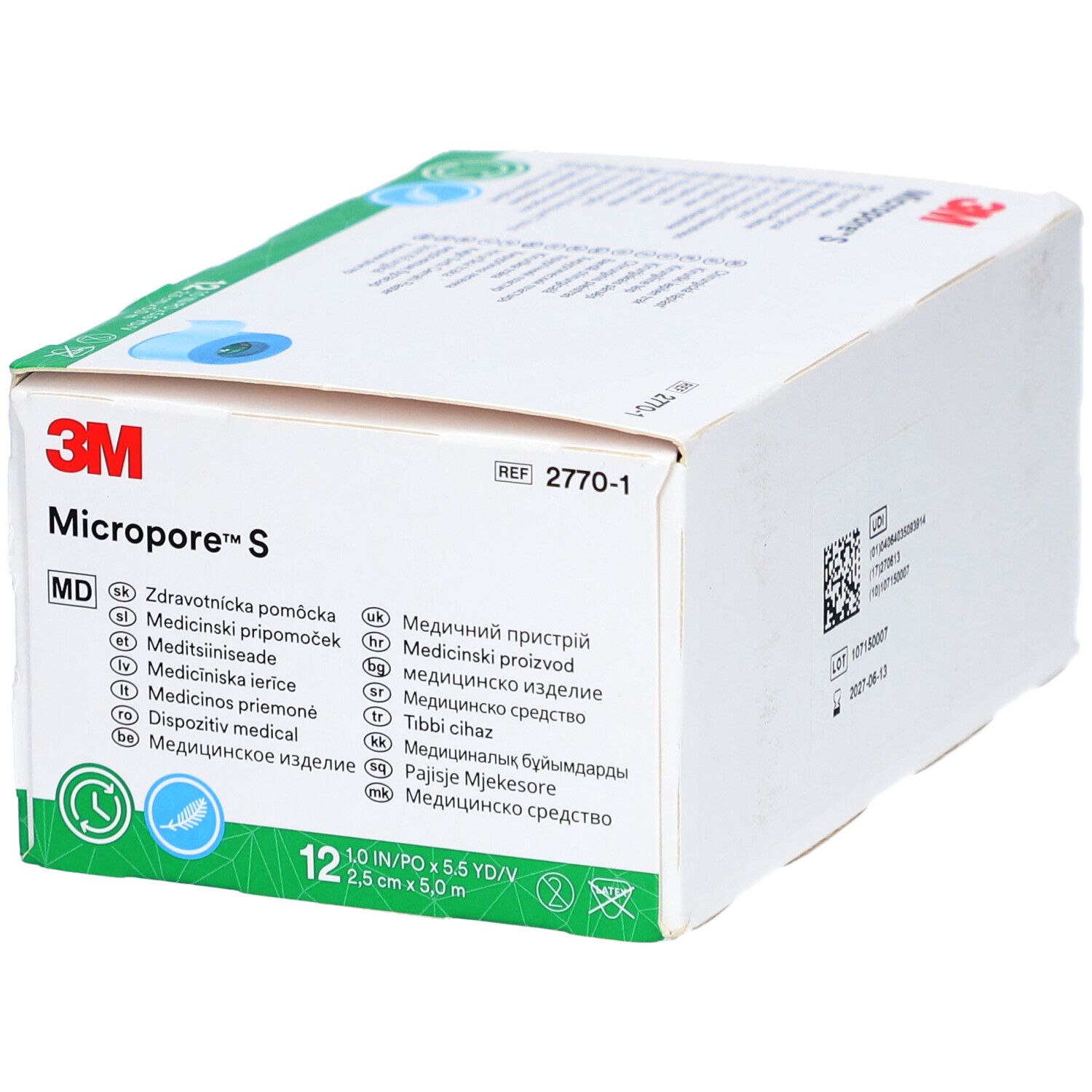Verpackung mit 12 Rollen 3M Micropore S Silikonpflaster. Auf der Verpackung sind Produktinformationen und das 3M-Logo zu sehen.