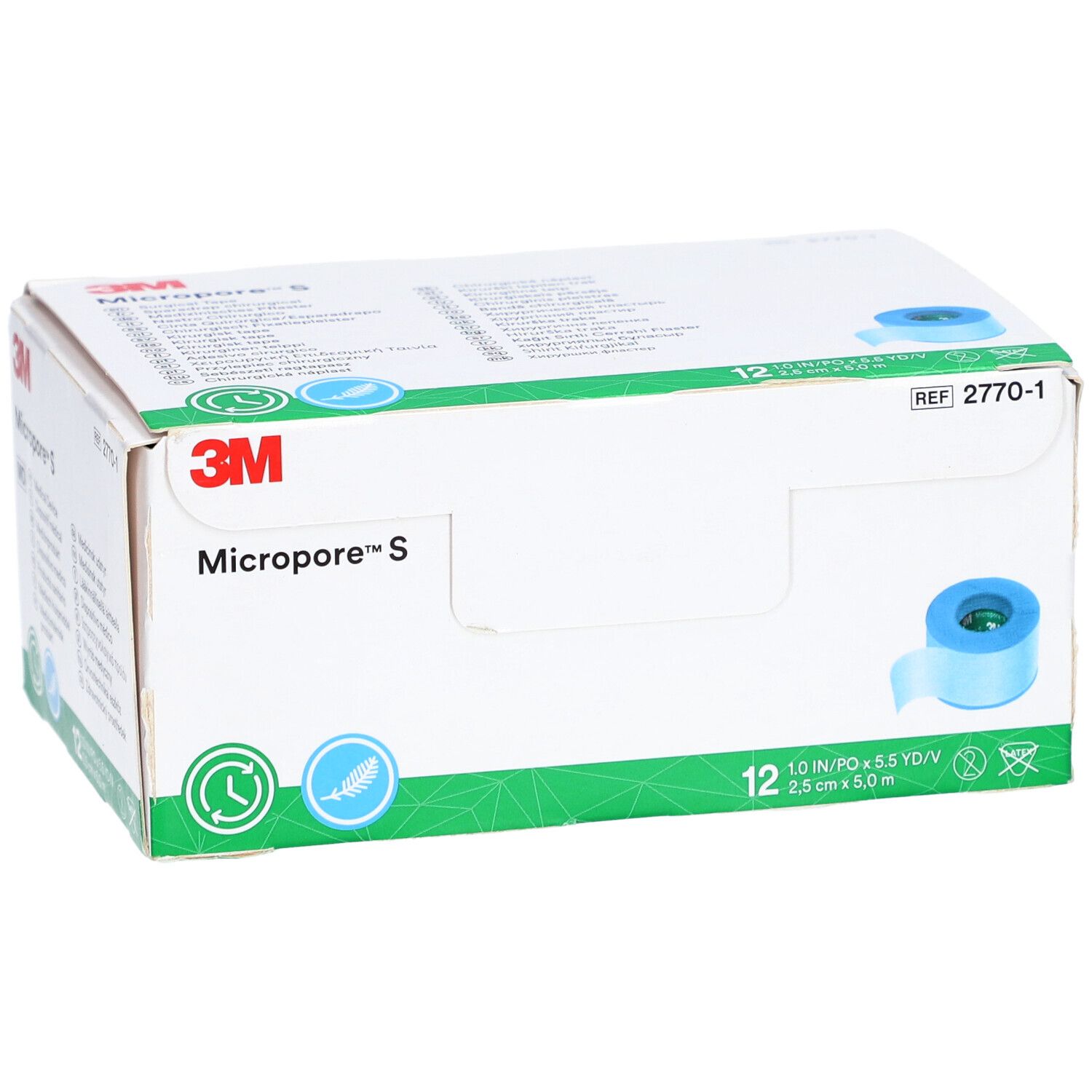 Verpackung mit 12 Rollen 3M Micropore S Silikonpflaster. Auf der Verpackung sind Produktinformationen und das 3M-Logo zu sehen.