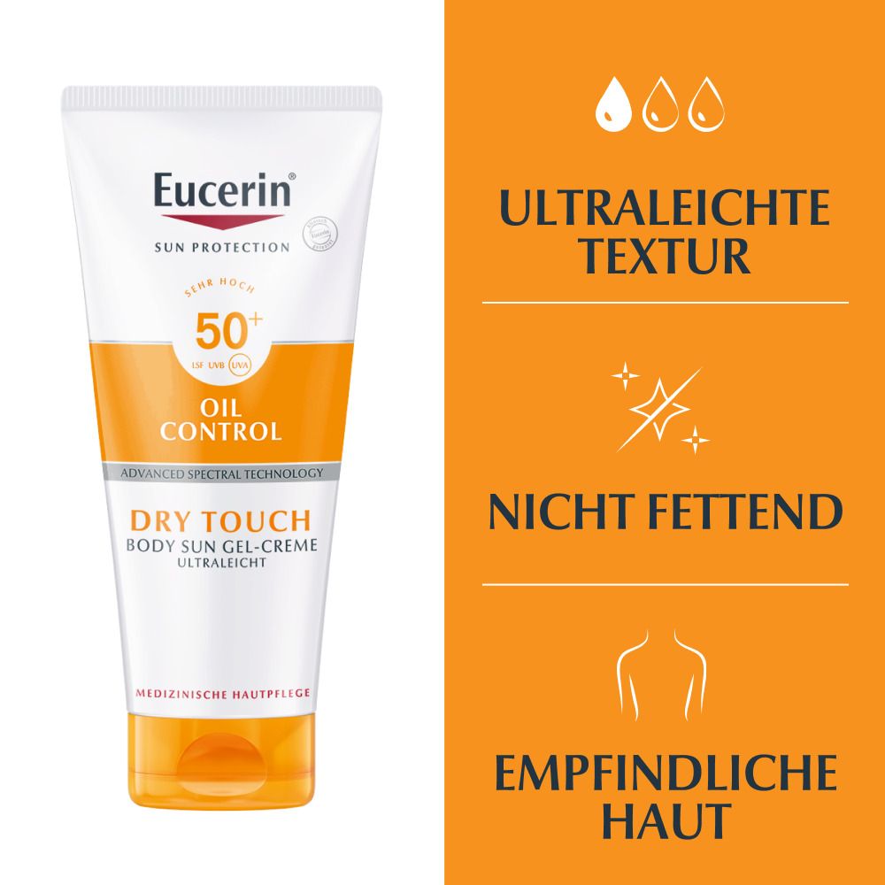 Eucerin® Oil Control Body Sun Dry Touch Gel-Creme LSF 50+ – sehr hoher Sonnenschutz mit ultra leichter Textur, Anti-Sand Effekt und Anti-Glanz Effekt