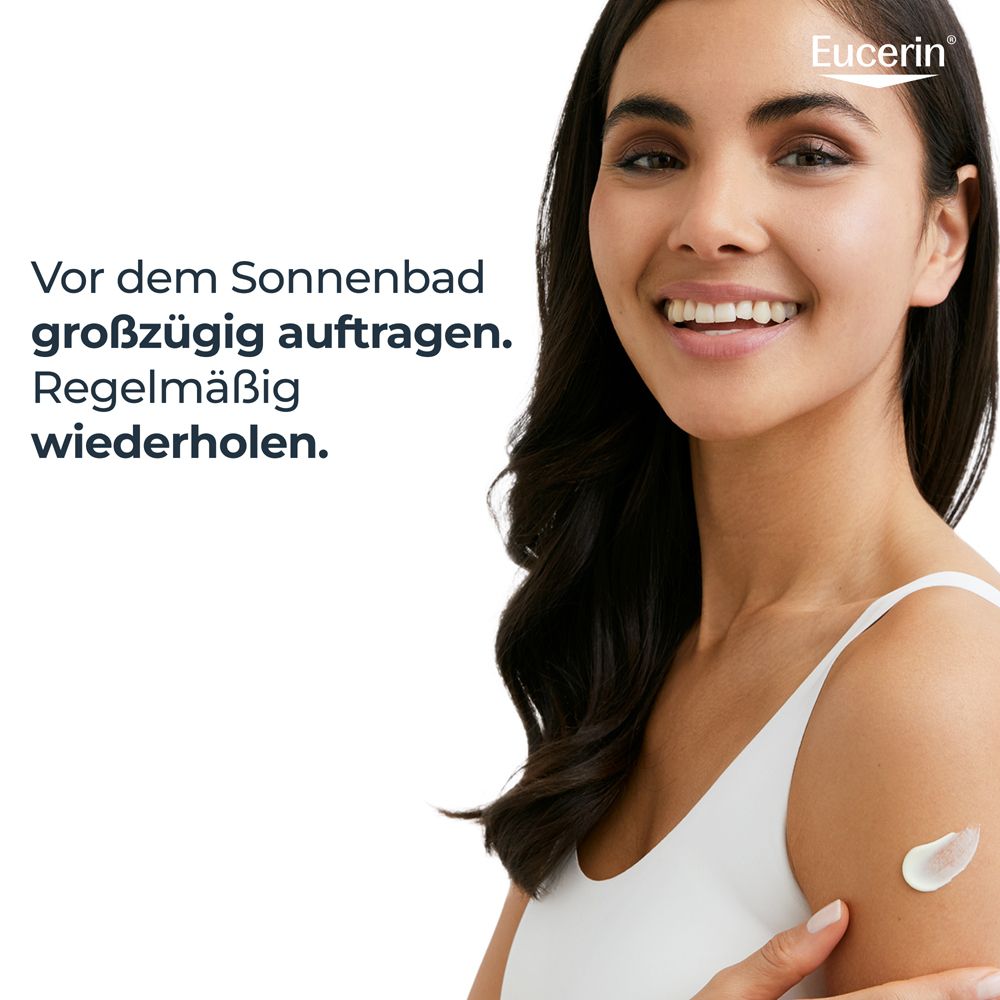 Frau trägt Creme auf. Eucerin-Logo. Text: Großzügig auftragen. Regelmäßig wiederholen.
