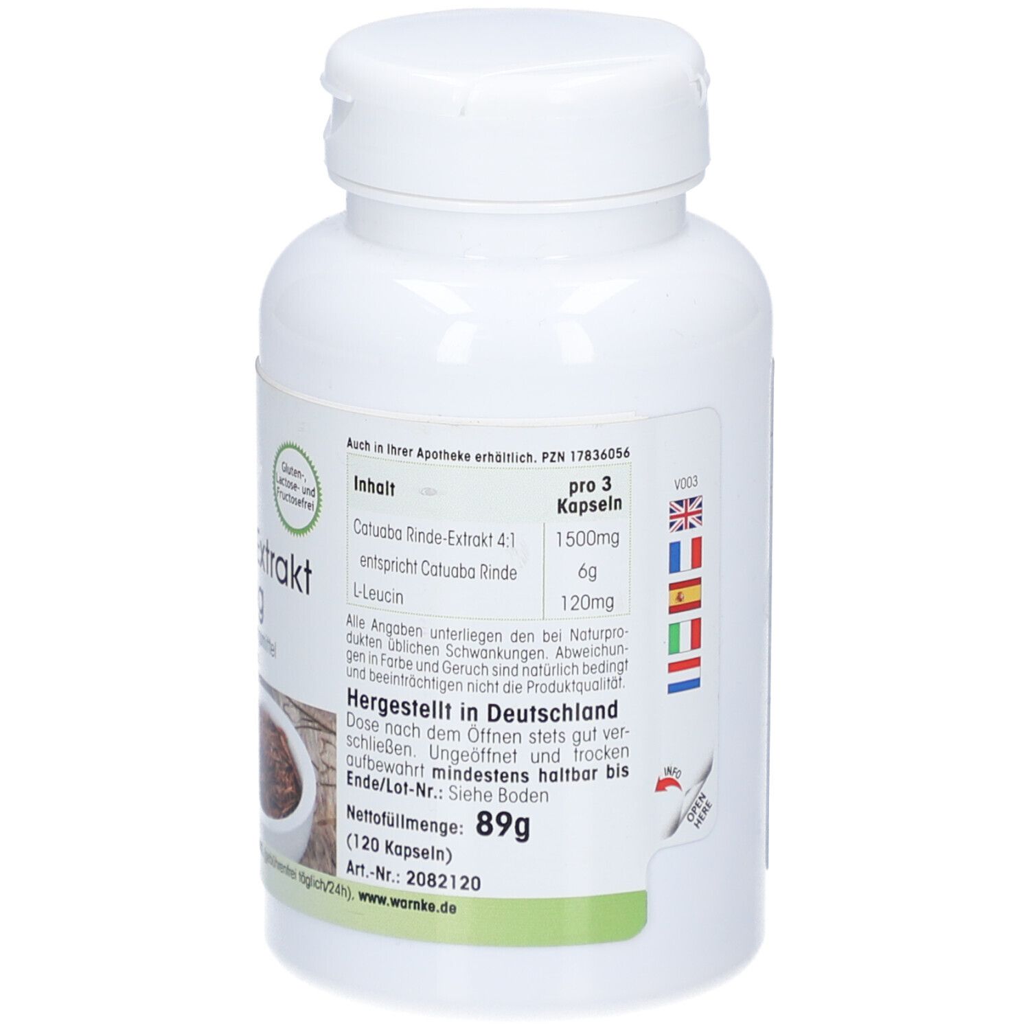 Rückseite der weißen Flasche. Text: Inhalt, pro 3 Kapseln, 120mg L-Leucin. Hergestellt in Deutschland.