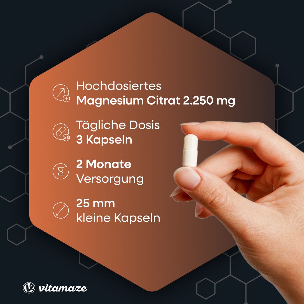 Hand hält Kapsel. Hochdosiertes Magnesiumcitrat. 3 Kapseln täglich. 2 Monate Versorgung.