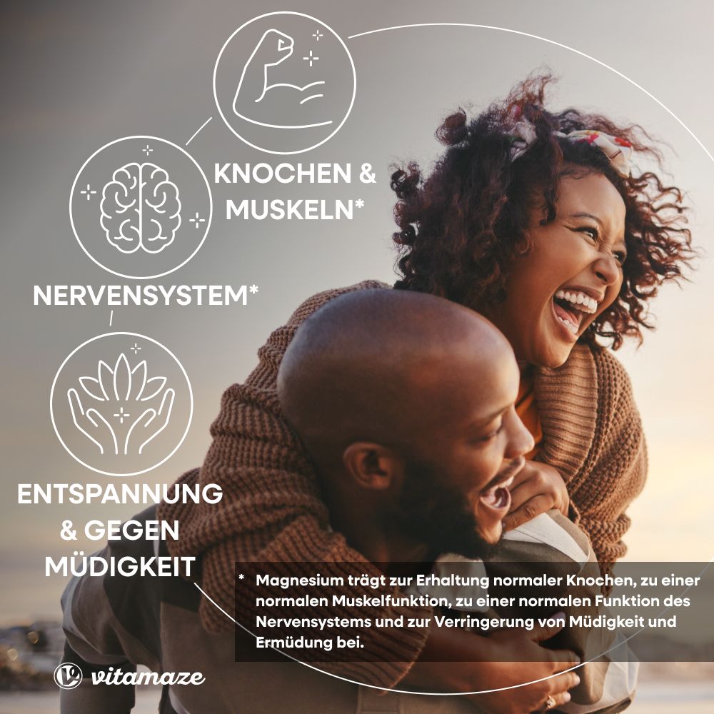 Paar umarmt sich. Text: Entspannung & gegen Müdigkeit. Für Knochen, Muskeln & Nervensystem.