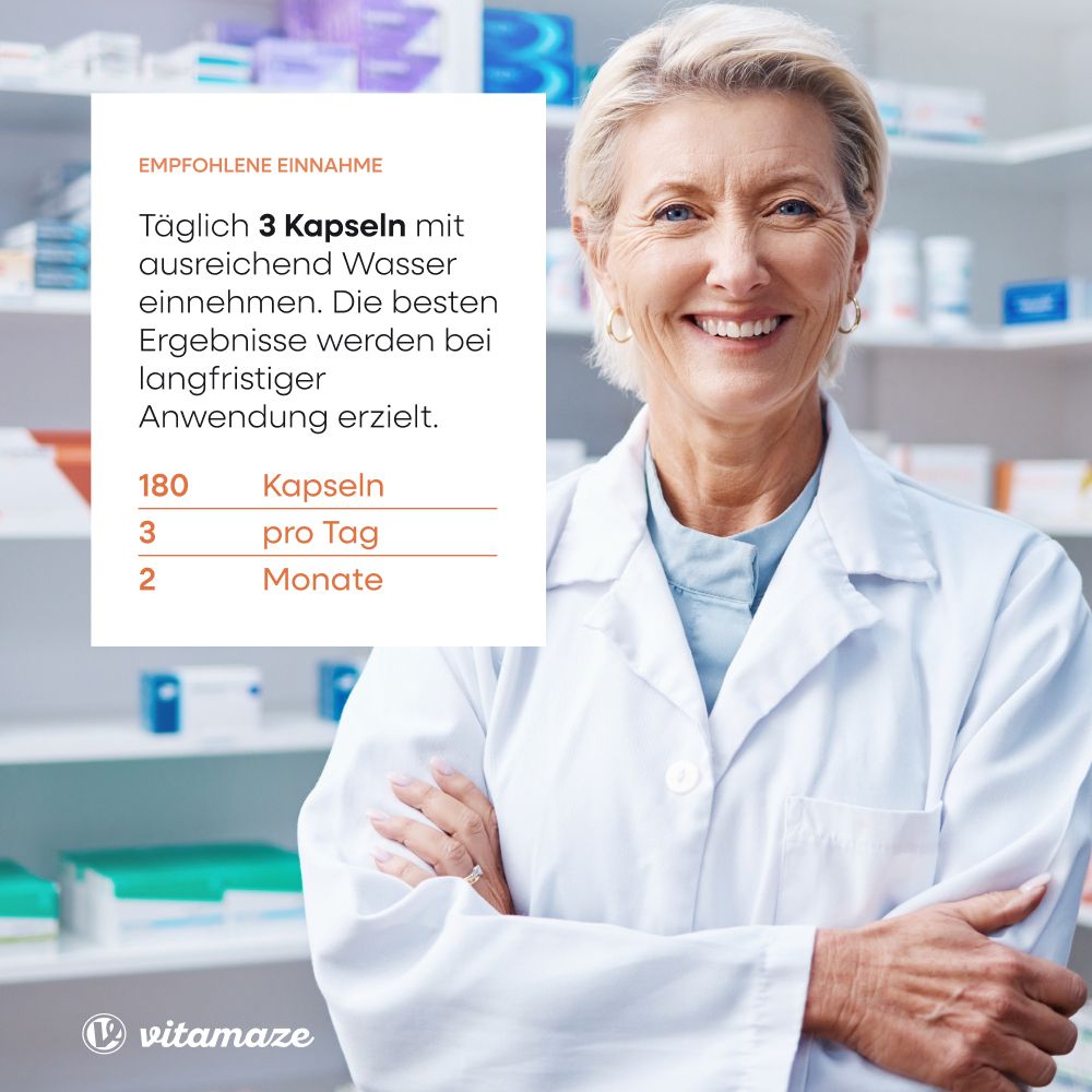 Frau im weißen Kittel. Text: Täglich 3 Kapseln mit Wasser. 180 Kapseln, 2 Monate.