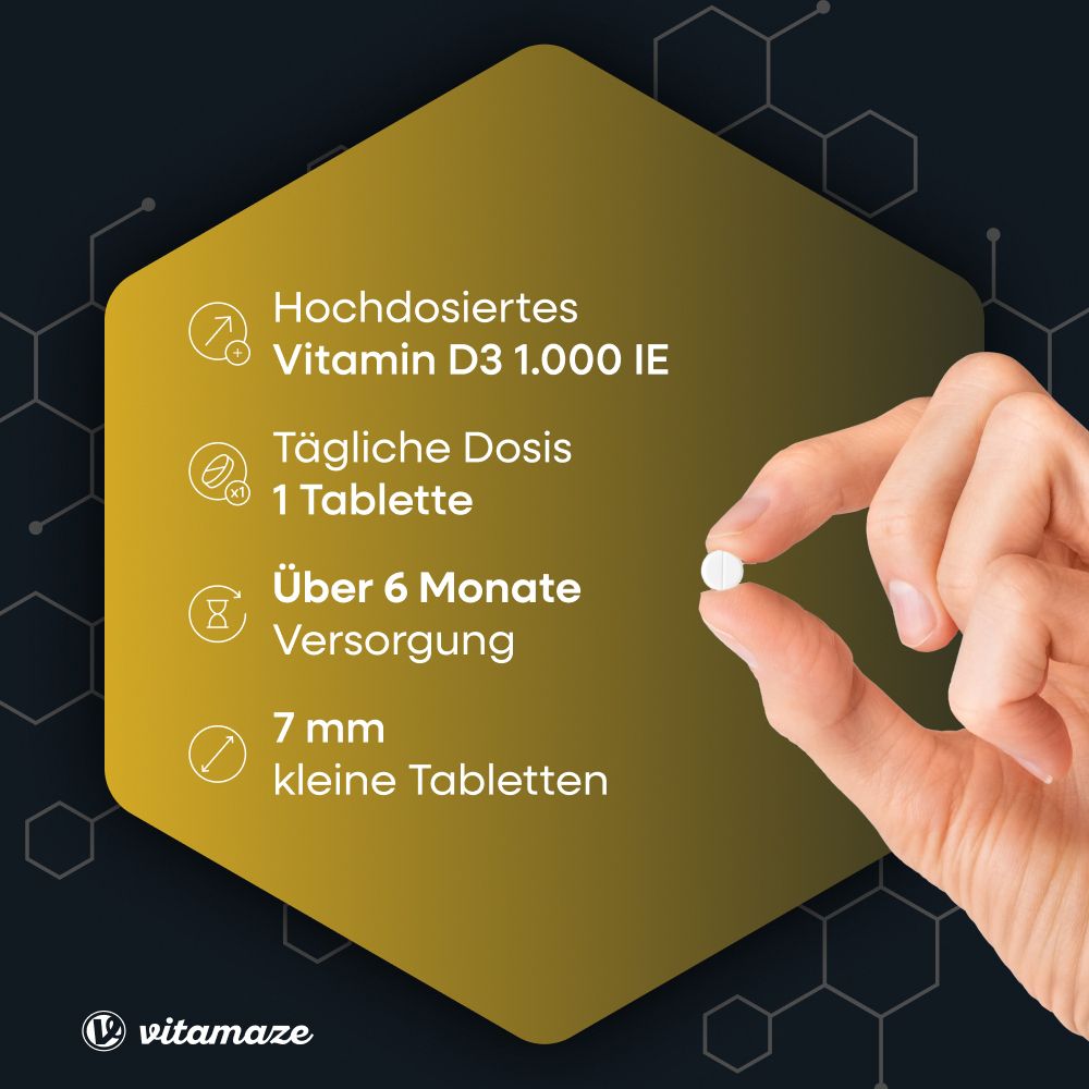 Hand hält kleine Tablette. Text: Hochdosiertes Vitamin D3 1.000 IE, 1 Tablette täglich, über 6 Monate Versorgung, 7 mm kleine Tabletten.