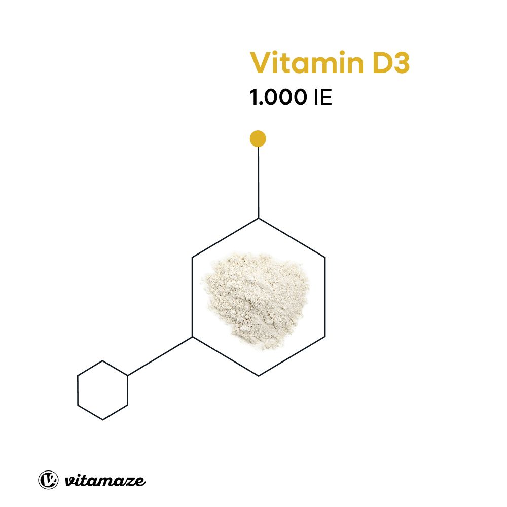 Grafik: Vitamin D3 1.000 IE. Darstellung von Vitamin D3-Pulver in einer sechseckigen Form.