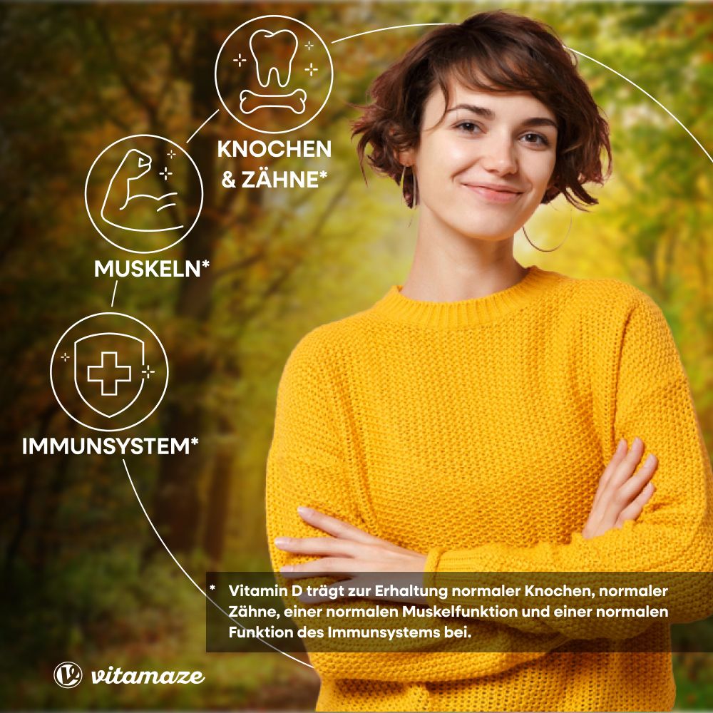 Frau mit gelbem Pullover. Grafiken: Muskeln, Knochen & Zähne, Immunsystem. Text: Vitamin D für Knochen, Zähne, Muskeln, Immunsystem.