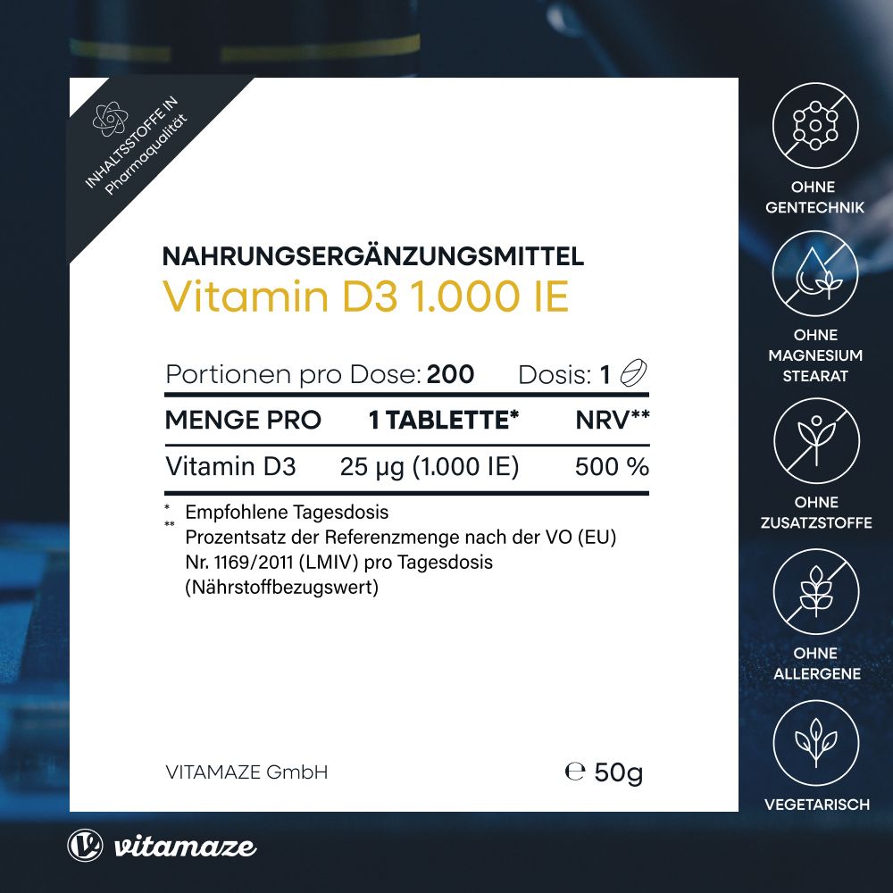 Nahrungsergänzungsmittel Vitamin D3 1.000 IE. 200 Portionen. 1 Tablette. Ohne Gentechnik, Magnesiumstearat, Zusatzstoffe, Allergene.