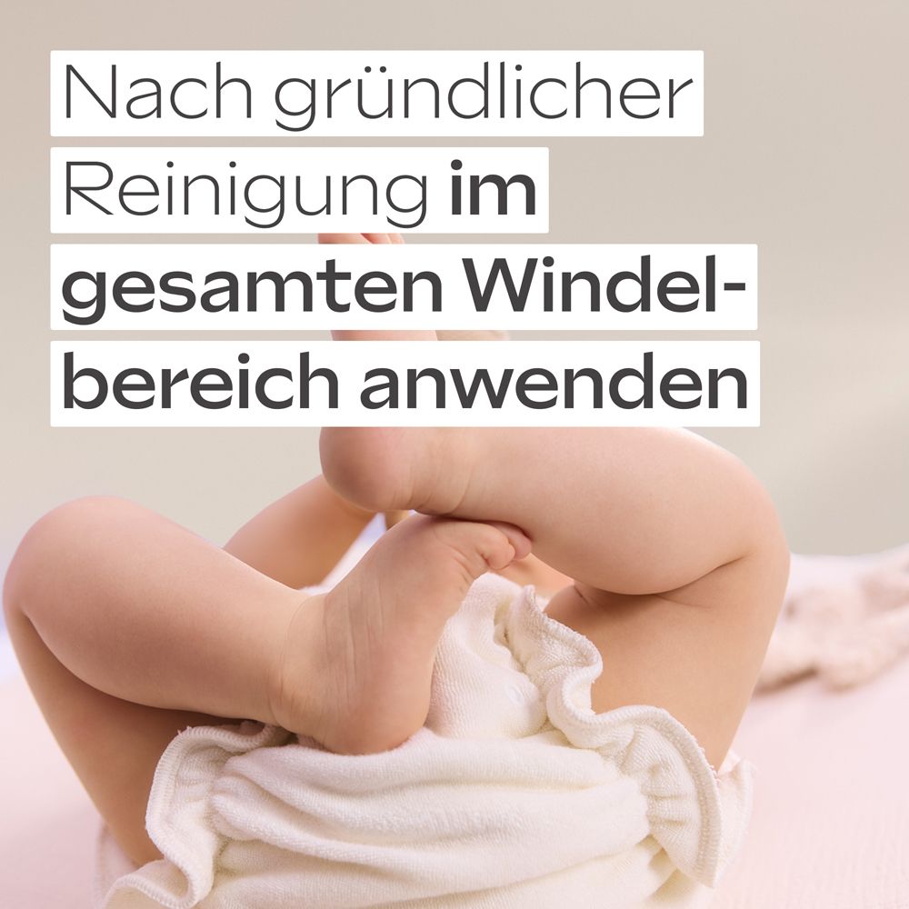 Baby mit Windel. Text: Nach gründlicher Reinigung im gesamten Windelbereich anwenden.