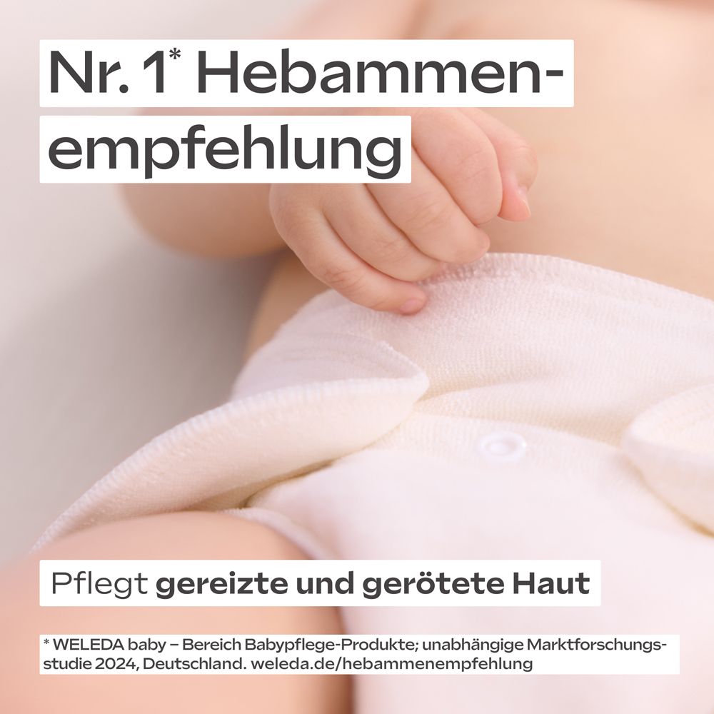 Baby mit Windel. Text: Nr. 1 Hebammenempfehlung. Pflegt gereizte und gerötete Haut.