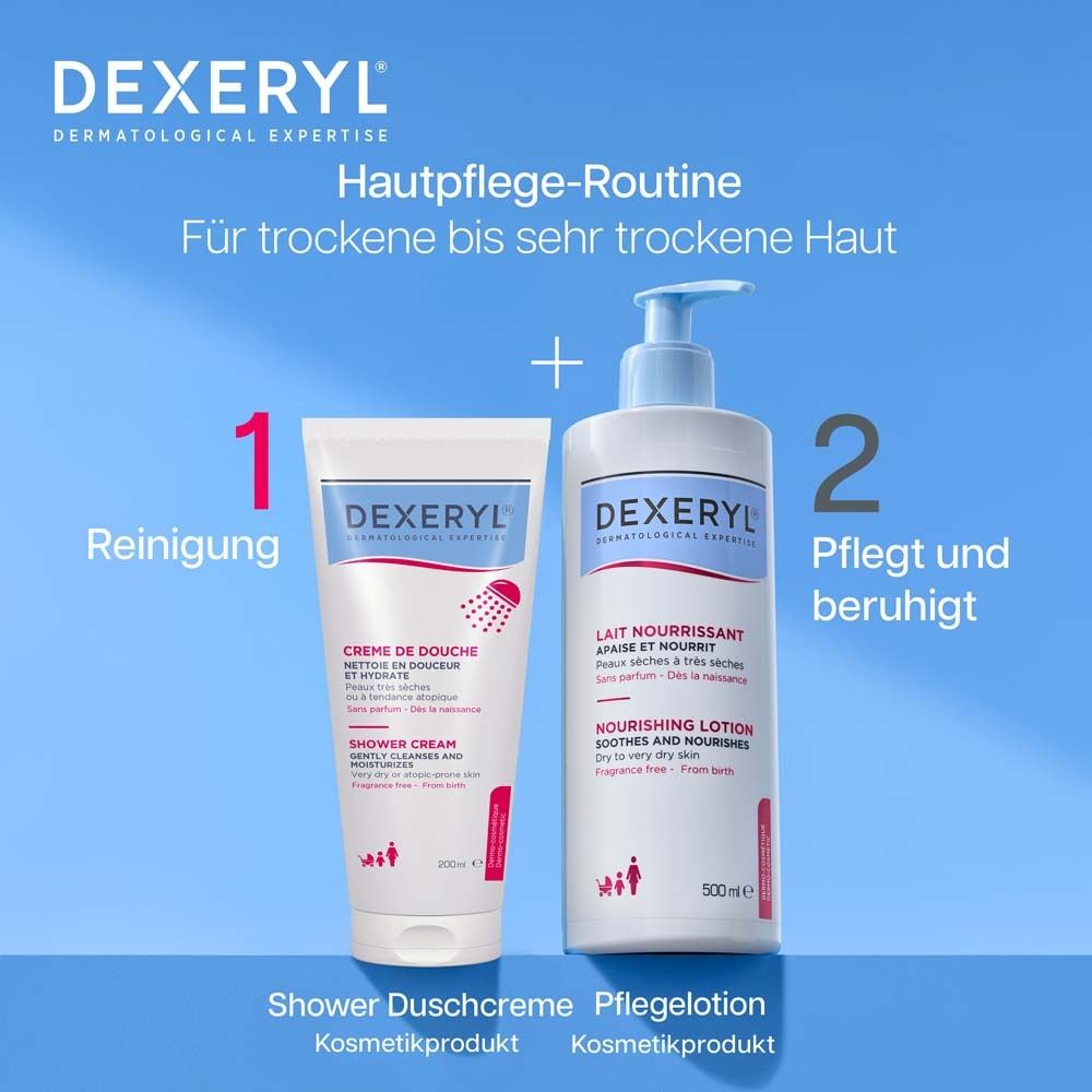 Hautpflege-Routine für trockene bis sehr trockene Haut. DEXERYL® Duschcreme und Pflege Lotion.