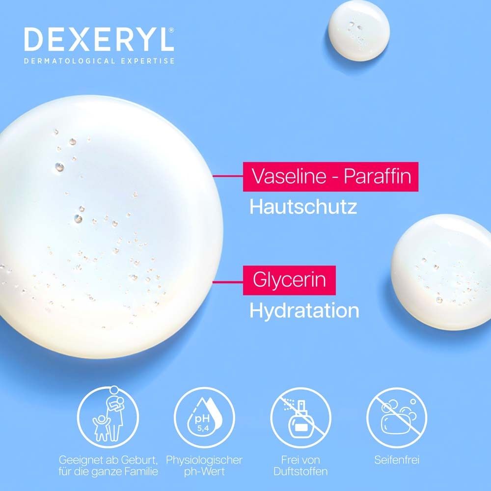 Drei Tropfen. Inhaltsstoffe: Vaseline-Paraffin, Glycerin. Geeignet ab Geburt. pH-Wert 5.4. Ohne Duftstoffe. Seifenfrei.