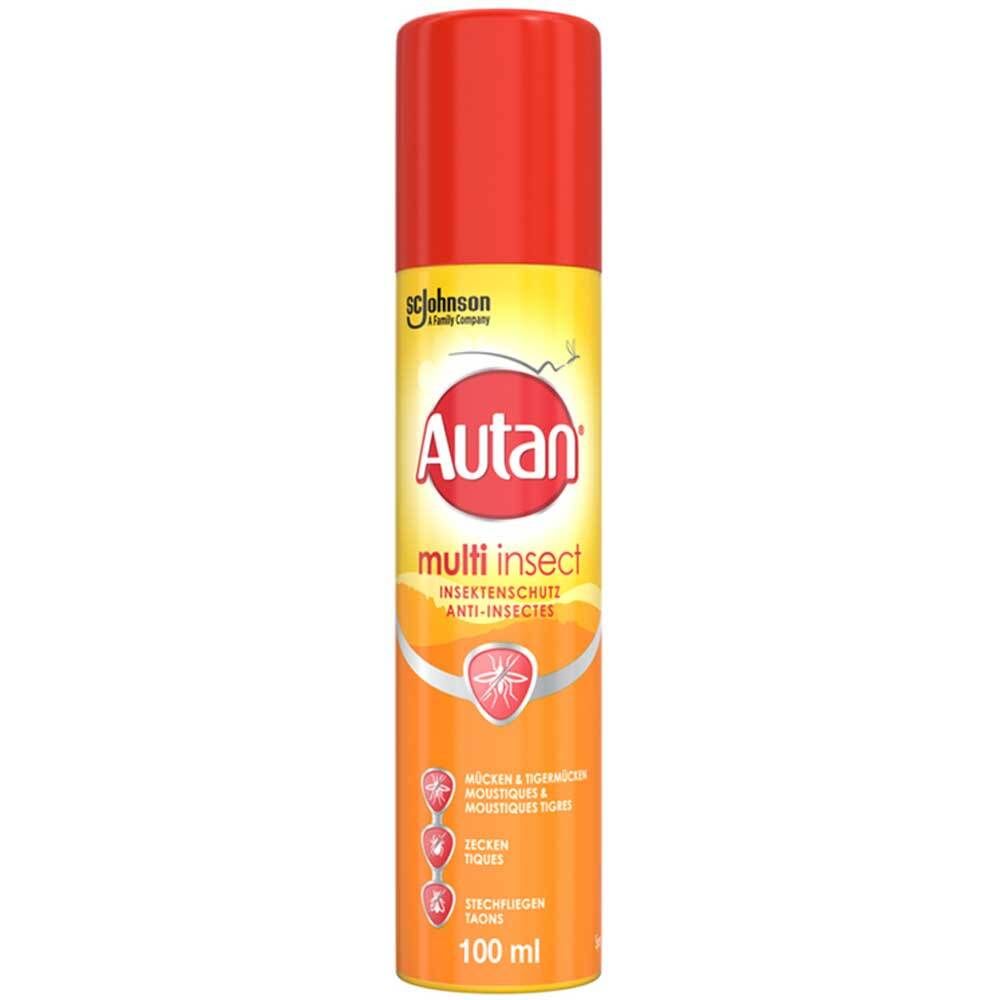 Autan Multi Insect Pumpspray. Rote Kappe, gelber und oranger Körper. Schriftzug 'Autan', 'multi insect'. Enthält Insektenschutz. 100 ml.