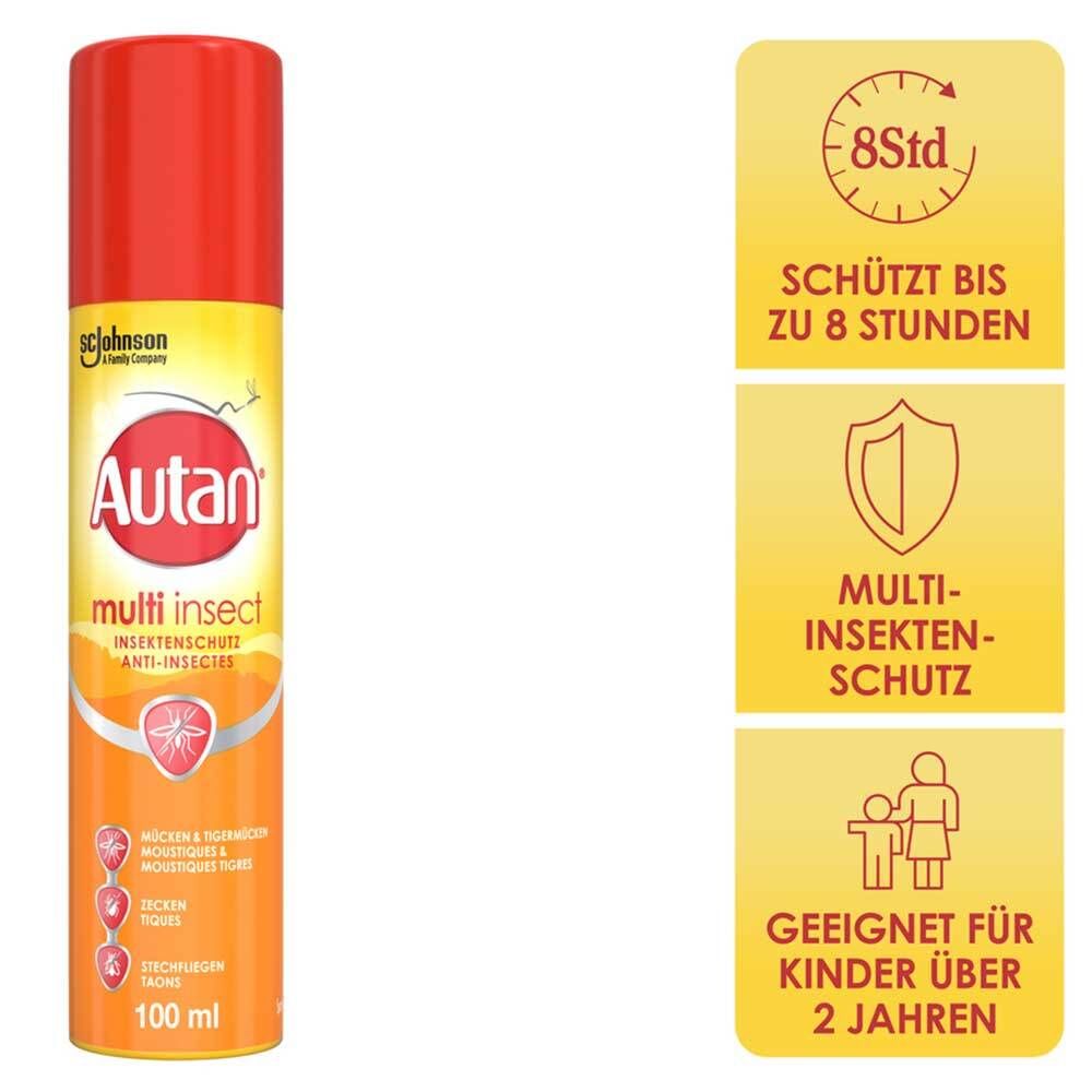 Autan Multi Insect Pumpspray. Rote Kappe, gelber und oranger Körper. Text: 'Schützt bis zu 8 Stunden', 'Geeignet für Kinder über 2 Jahren'.