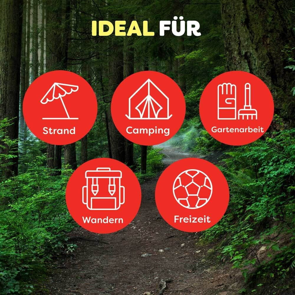 Waldweg mit roten Kreisen. Symbole für Strand, Camping, Gartenarbeit, Wandern und Freizeit. Text: 'Ideal für'.