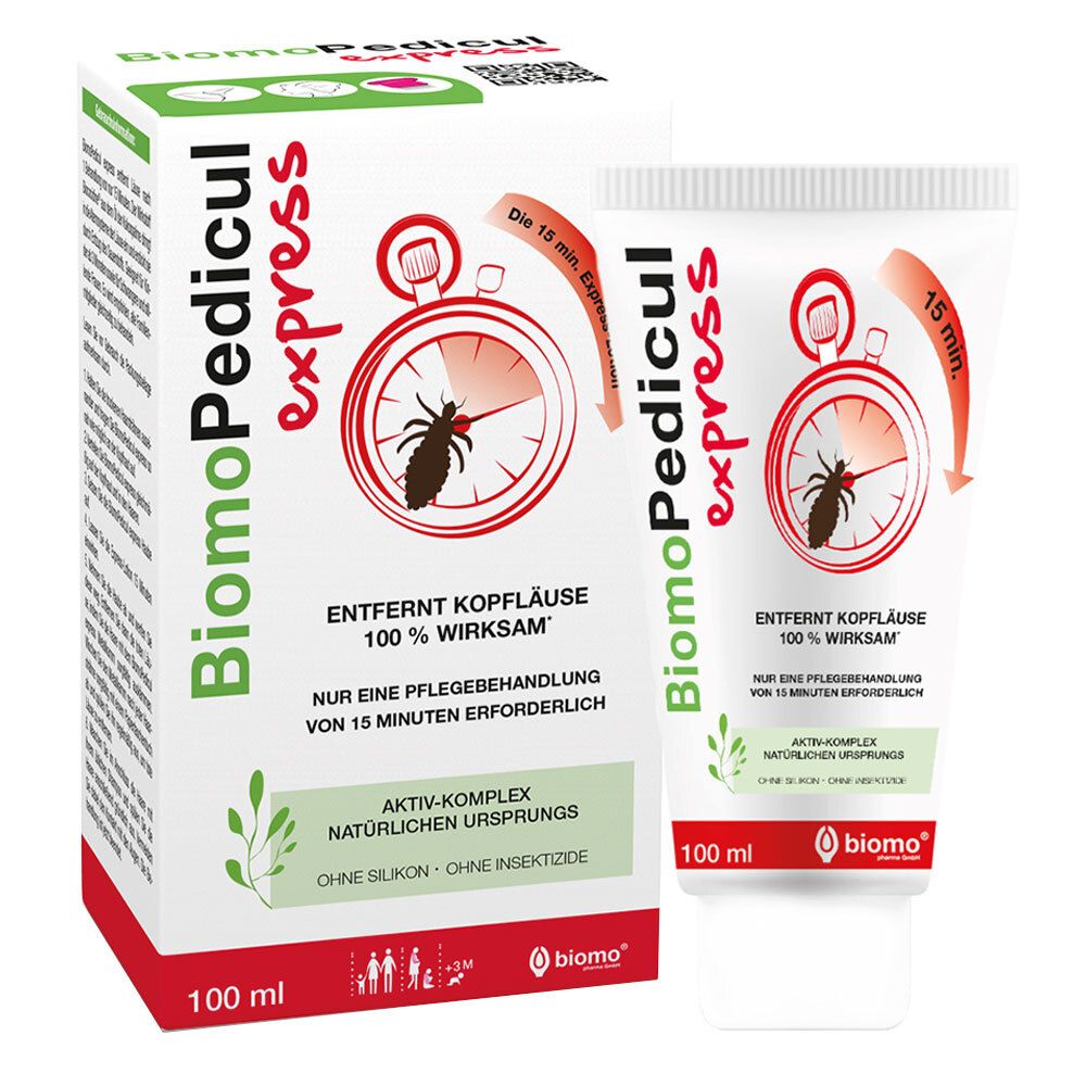 BiomoPedicul express Lotion. Tube und Schachtel. Aufdrucke: Logo, Produktname, Text, Uhr mit Laus. 100 ml.