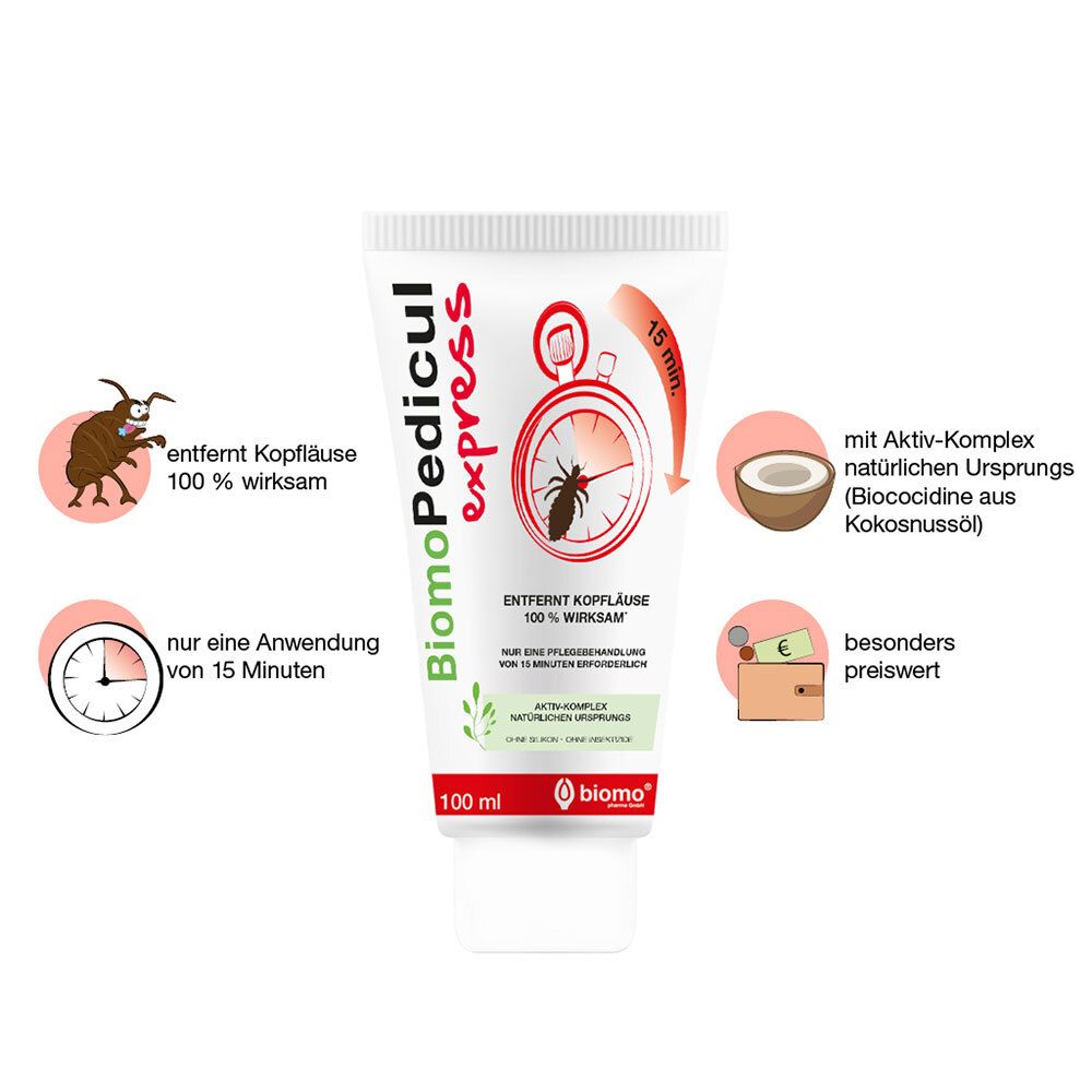 BiomoPedicul express Lotion. Tube mit Aufdrucken: Logo, Produktname, Text, Uhr mit Laus. 100 ml. Zusätzliche Icons.