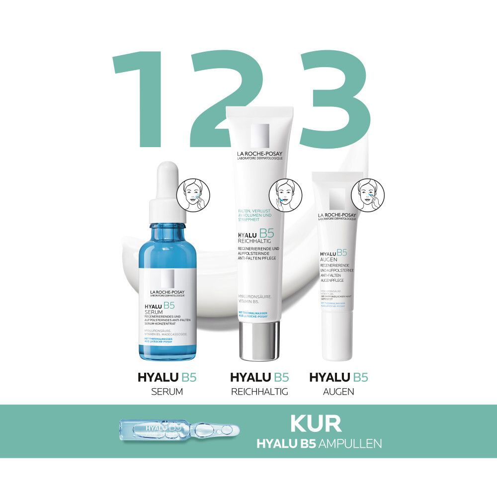 Drei La Roche-Posay Hyalu B5 Produkte: Serum, Creme, Augencreme. Ampullen-Kur.