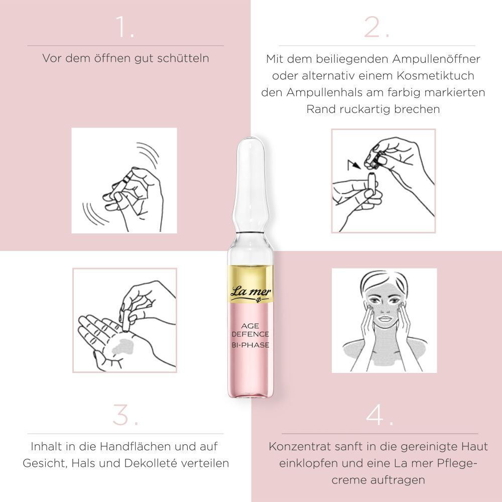Anleitung zur Anwendung. 4 Schritte mit Illustrationen. Ampulle, Hände, Gesicht. Text: Vor dem Öffnen schütteln, öffnen, verteilen, einklopfen.