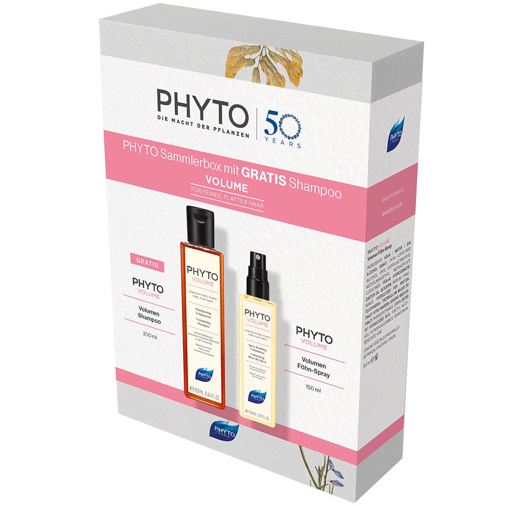 Geschenkset mit Shampoo und Volumen Föhn-Spray. Verpackung mit Produktnamen und Logo. Flaschen mit Produktbezeichnungen.
