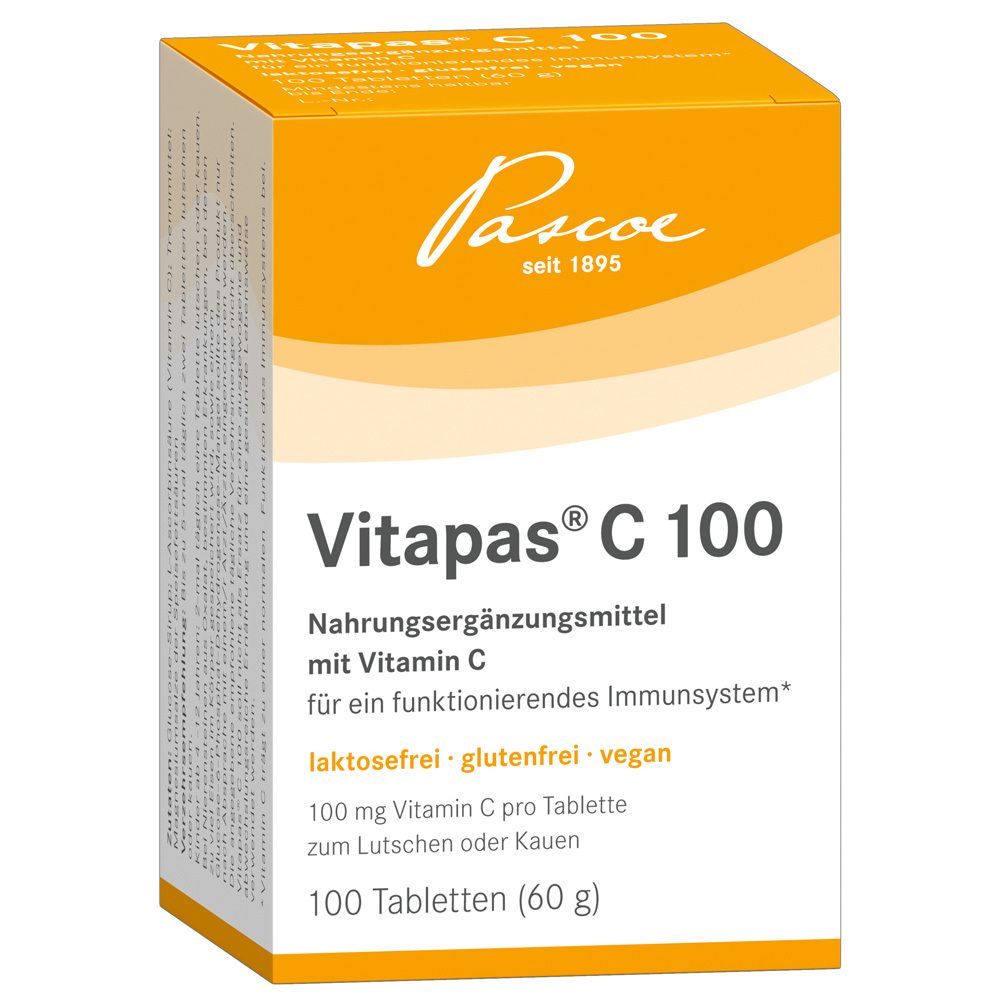 Vitapas® C 100-Verpackung. Orangefarbener Karton mit Produktnamen und Logo. Nahrungsergänzungsmittel mit Vitamin C.