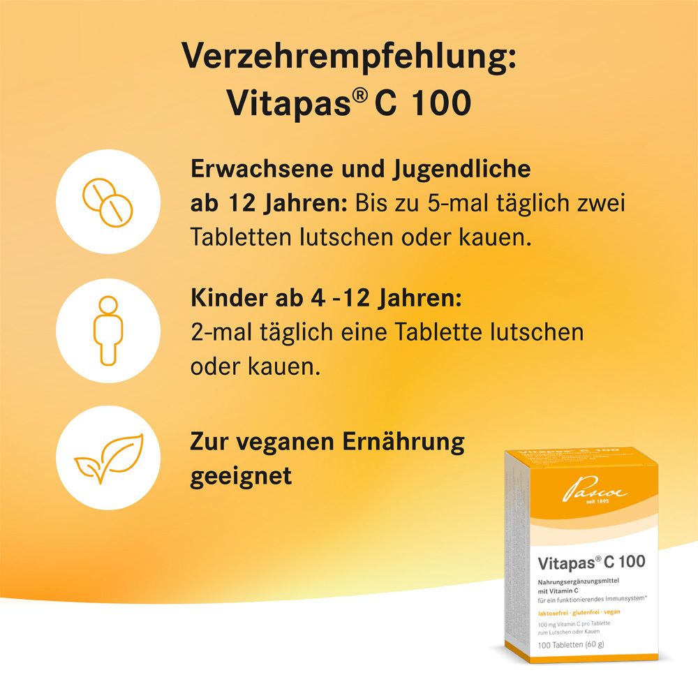 Verzehrempfehlung Vitapas® C 100. Dosierung für Erwachsene und Kinder. Produktverpackung im Hintergrund.