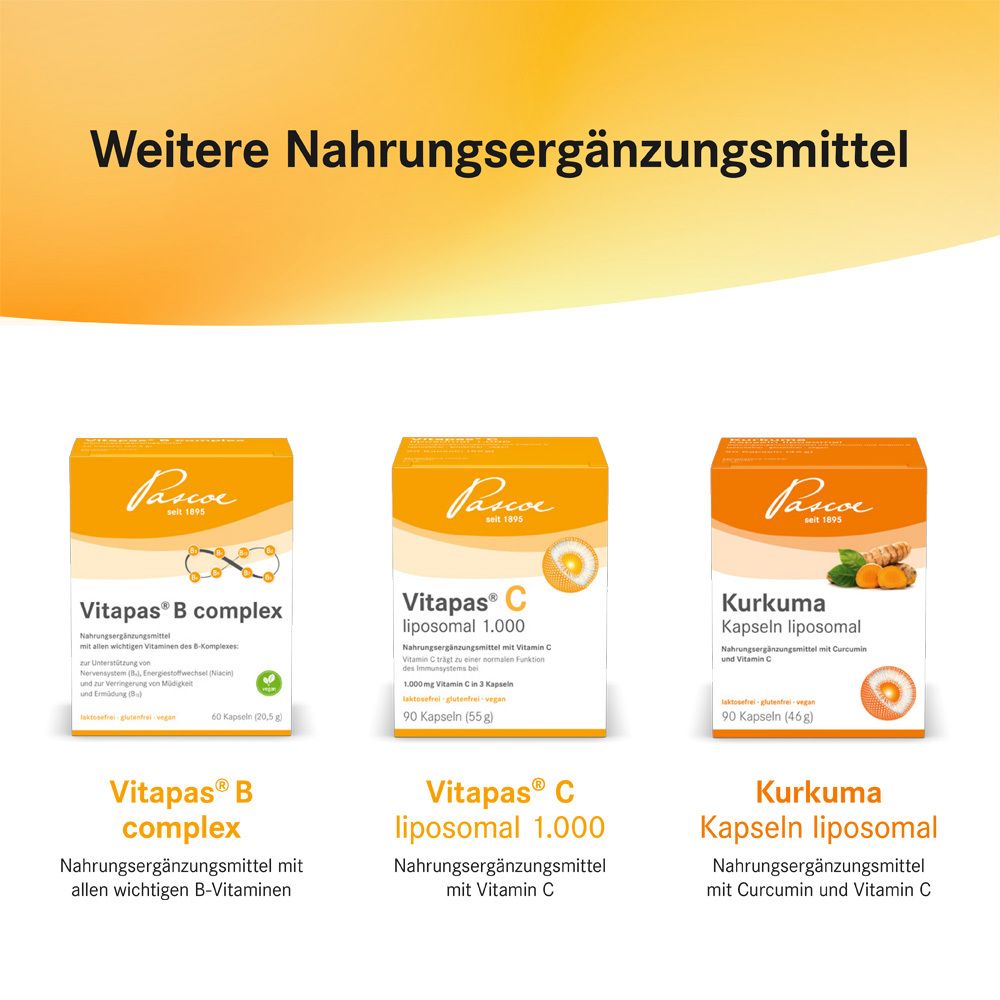 Weitere Nahrungsergänzungsmittel. Vitapas® B complex, Vitapas® C liposomale 1.000, Kurkuma Kapseln liposomale.