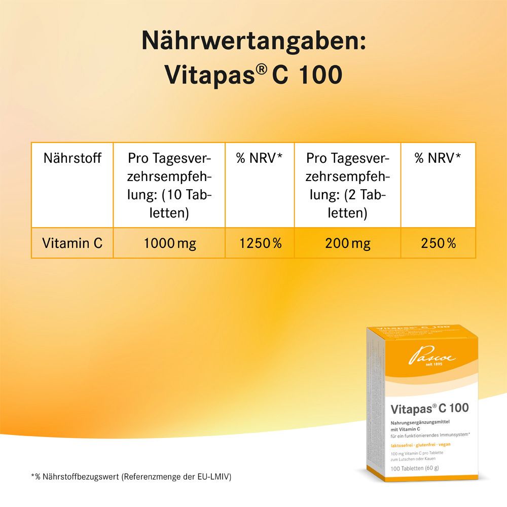 Nährwertangaben Vitapas® C 100. Tabelle mit Vitamin C-Werten. Produktverpackung im Hintergrund. Orangefarbener Hintergrund.