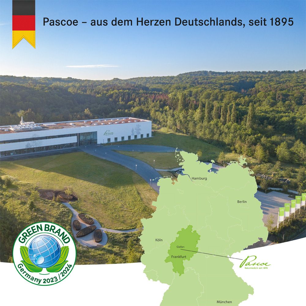 Pascoe-Fabrik in Deutschland. Karte mit Standort. Green Brand-Zertifizierung.