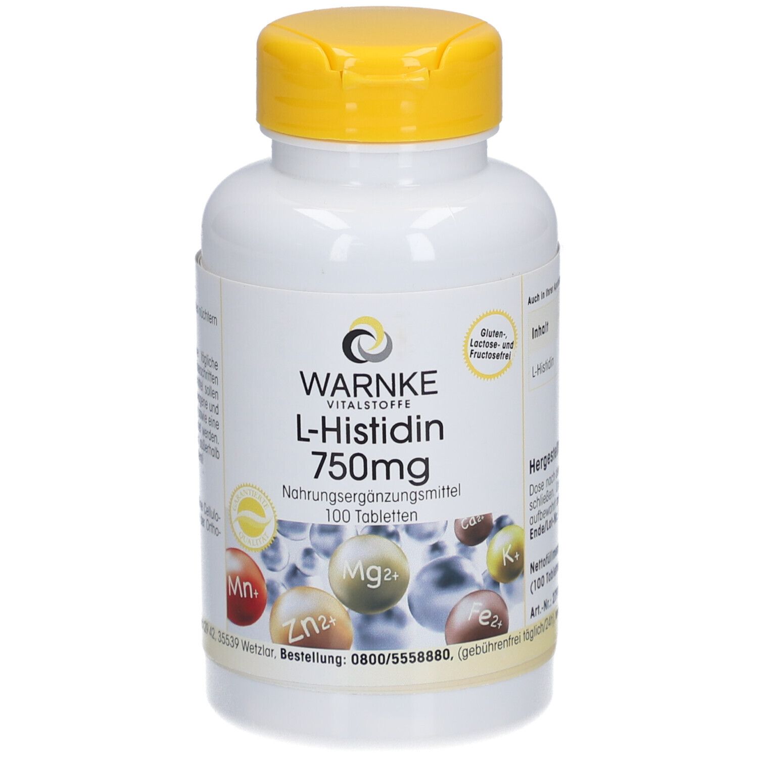 Weiße Flasche mit gelbem Deckel. Aufschrift: Warnke L-Histidin 750mg, 100 Tabletten. Abbildungen von Mineralien.