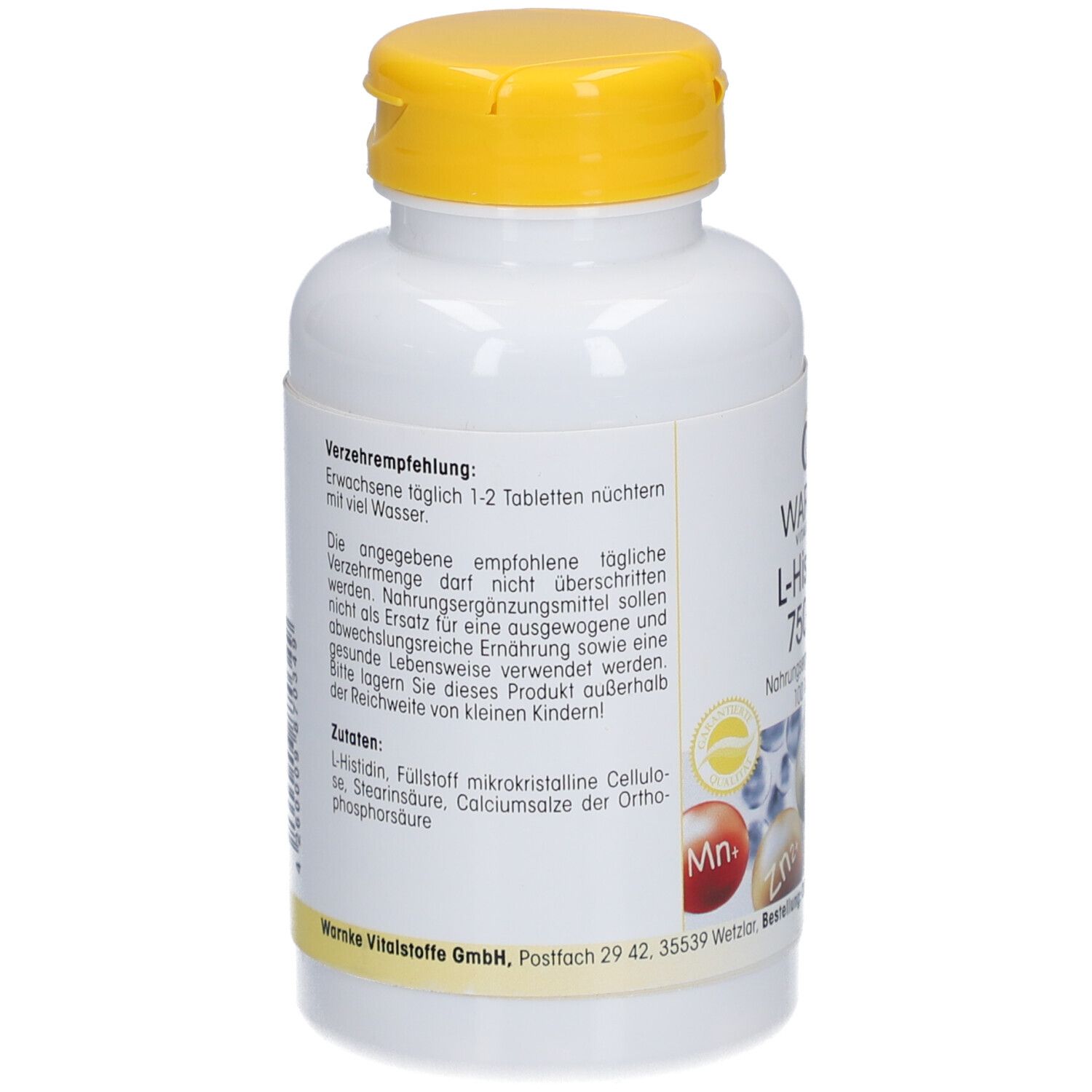 Rückseite einer weißen Flasche mit gelbem Deckel. Text über Verzehrempfehlung und Inhaltsstoffe. Warnke Vitalstoffe GmbH.