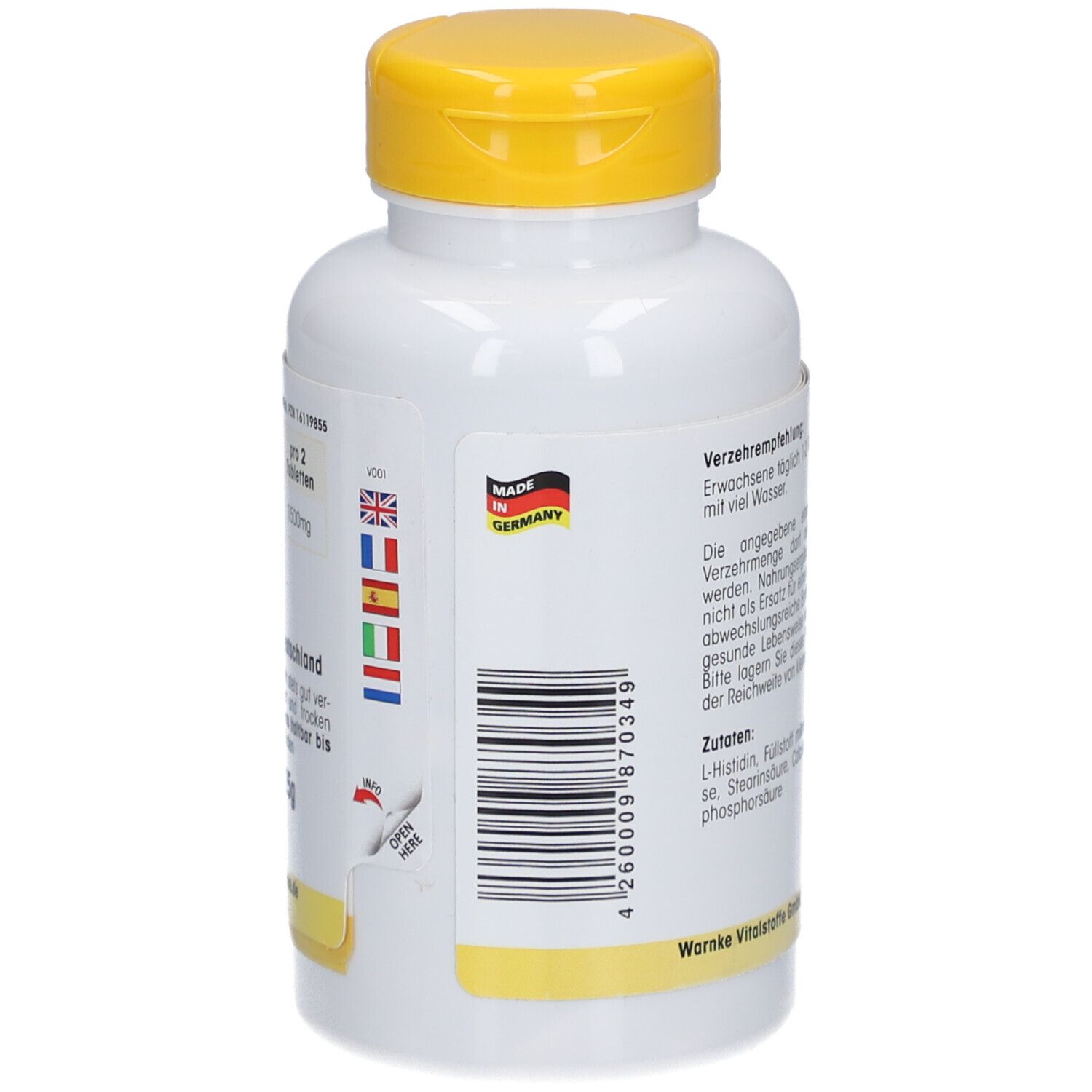 Rückseite einer weißen Flasche mit gelbem Deckel. Barcode, Made in Germany, Flaggen. Warnke Vitalstoffe GmbH.